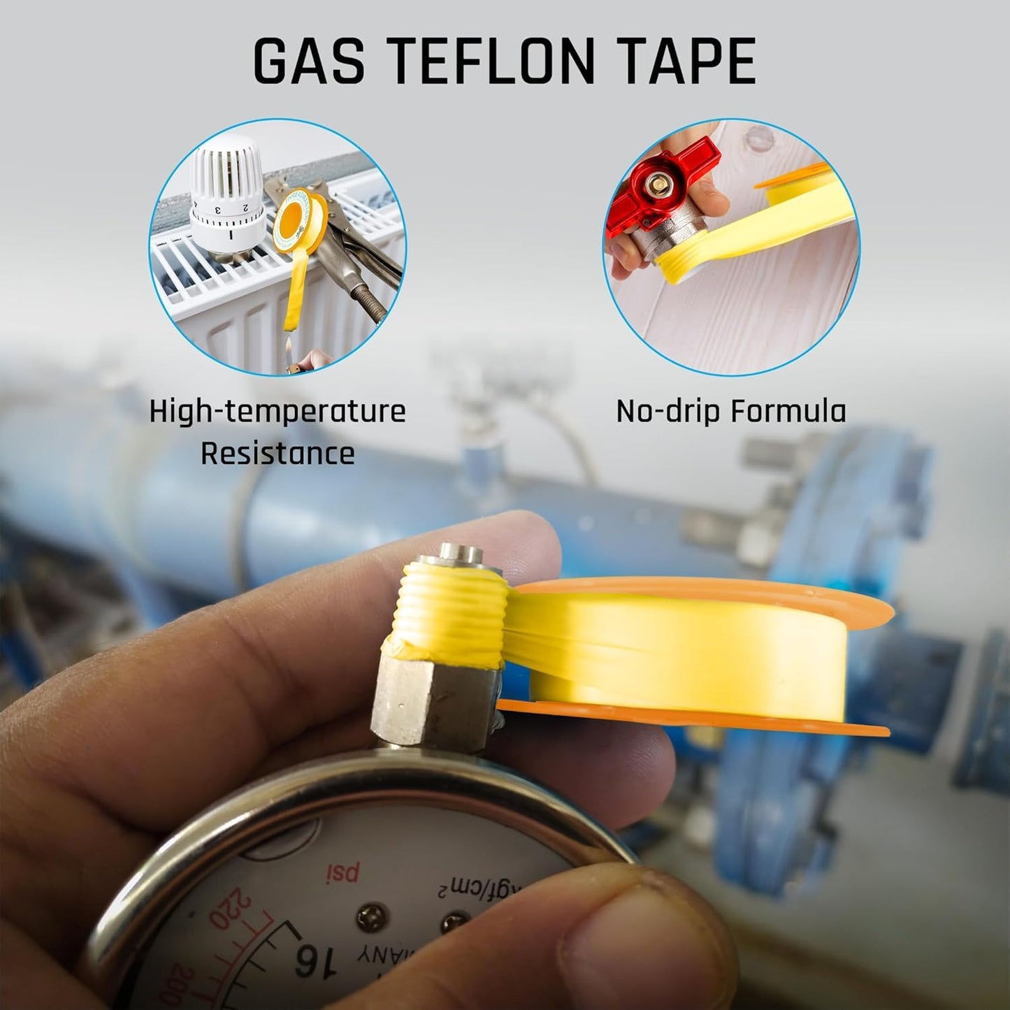 TAPEWELL Yellow Gas Teflon Tape, Pipe Thread Sealant, 260" Length 1/2" Width, for Propane, Natural Gas, & More, Pack of 2 (6)