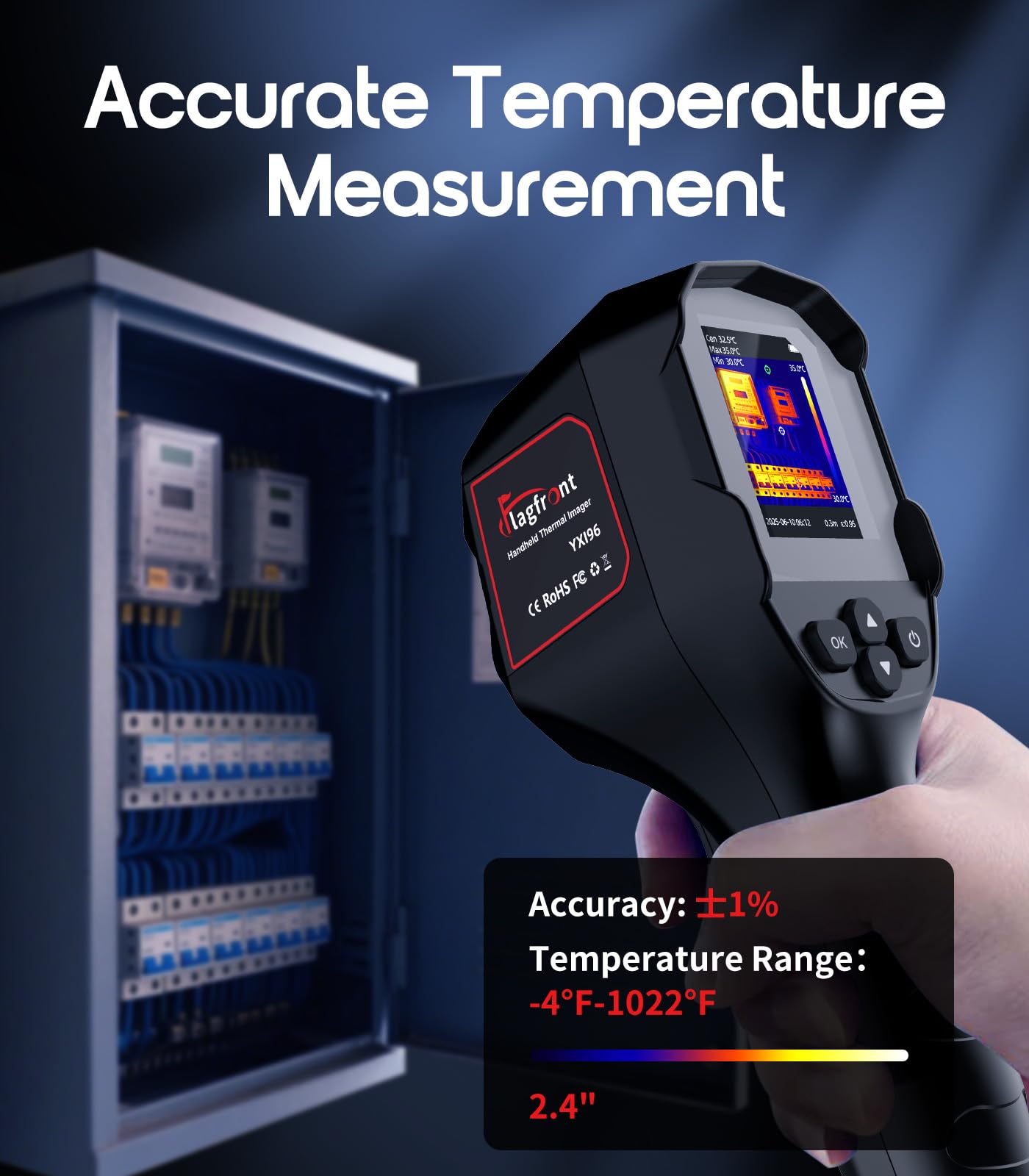 Flagfront Thermal Camera, 240 x 240 TISR Resolution, -4°F to 1022°F Temp Range, 25Hz Infrared Camera with Temperature Alarm, 50°FOV Handheld Thermal Imaging Camera