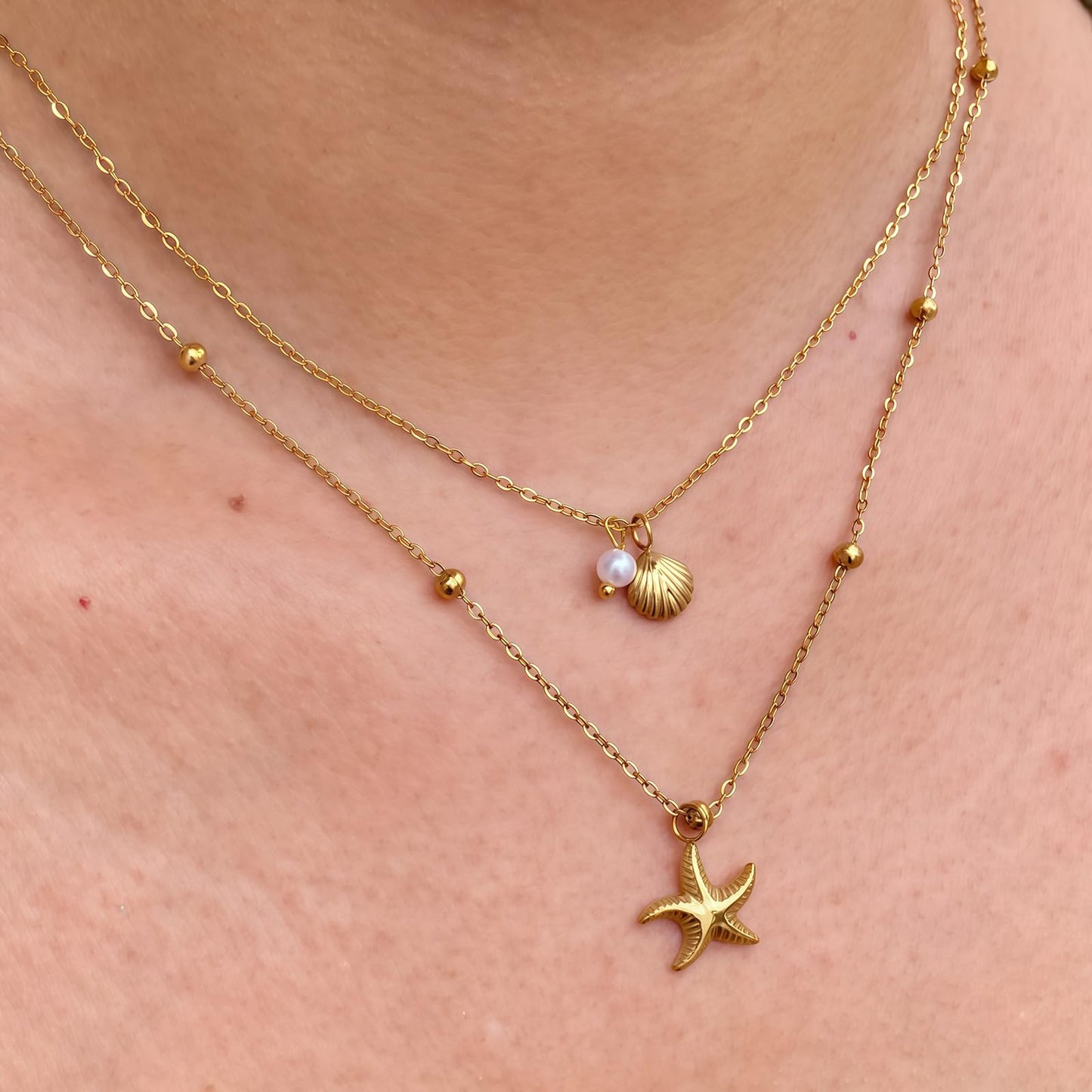 Shell Starfish Necklace for Women, 14k Gold Plated Boho Layered Beaded Charm Pendant Necklace, Dainty Adjustable Pearl Conch Summer Beach Vacation Jewelry Gifts(Shell&Starfish)