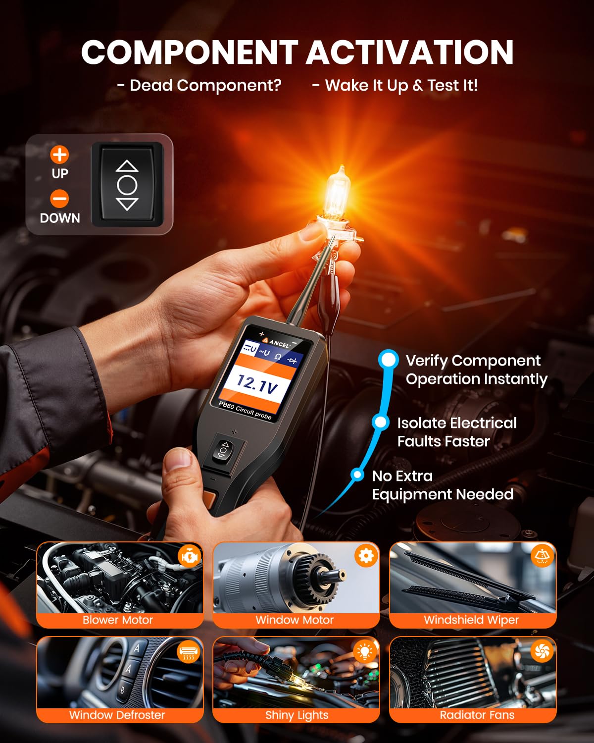 ANCEL PB60 Automotive Power Circuit Probe Tester 12-24V, All-in-One Electrical Diagnostic Tool with Component Activation, Short Finder, Digital Multimeter Ohmmeter Functions for Cars Trucks RVs ﻿
