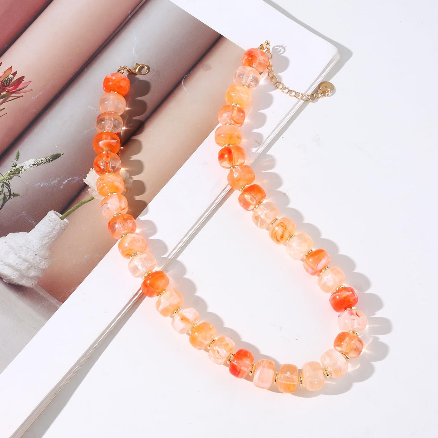 joymiao Beaded Necklaces for Women Chunky Beaded Choker Necklace Colorful Gemstone Resin Pink Bead Boho Rainbow Necklaces Summer Jewelry