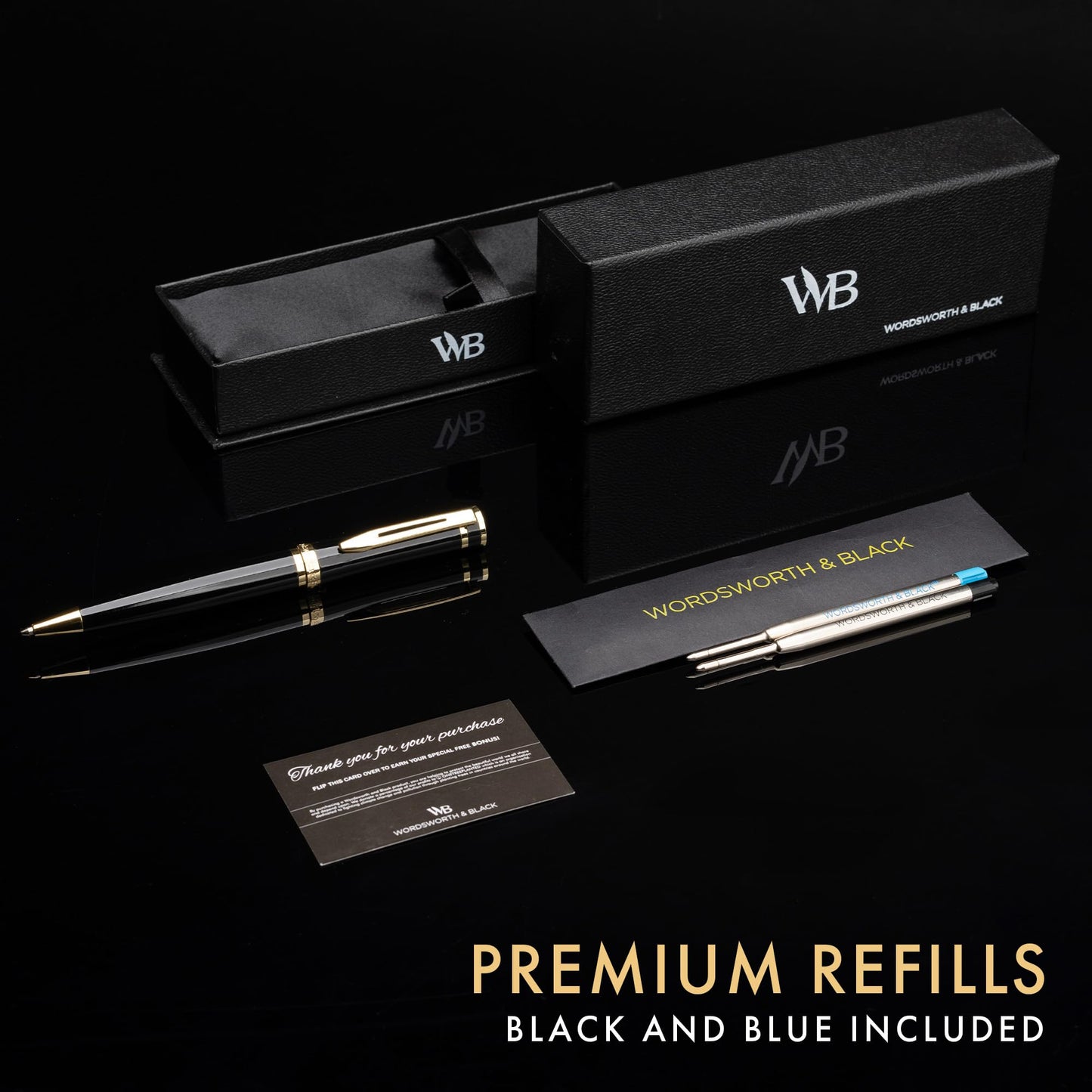 Wordsworth and Black Luxury Ballpoint Pen Set - Black Lacquer 24K Gold Finish, Refillable Fine Point, Elegant Gift for Men & Women, Includes Ink Refill, Nice Pens for Work