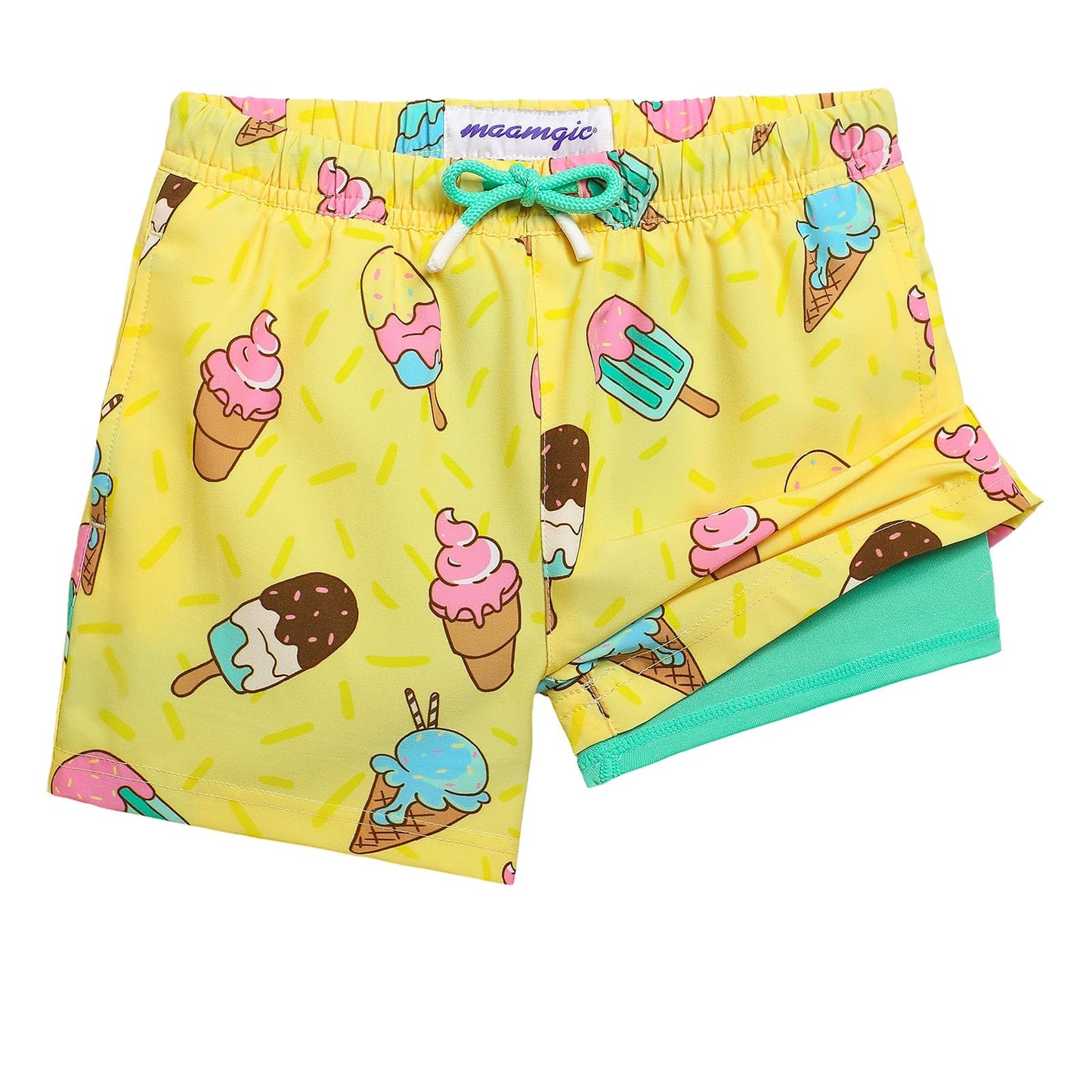 maamgic Boys Swim Trunks with Compression Liner Toddler Stretch Swim Shorts Quick Dry Swimming Trunks Boxer Brief 2 in 1 Beach Shorts Yellow Ice Cream 14/16