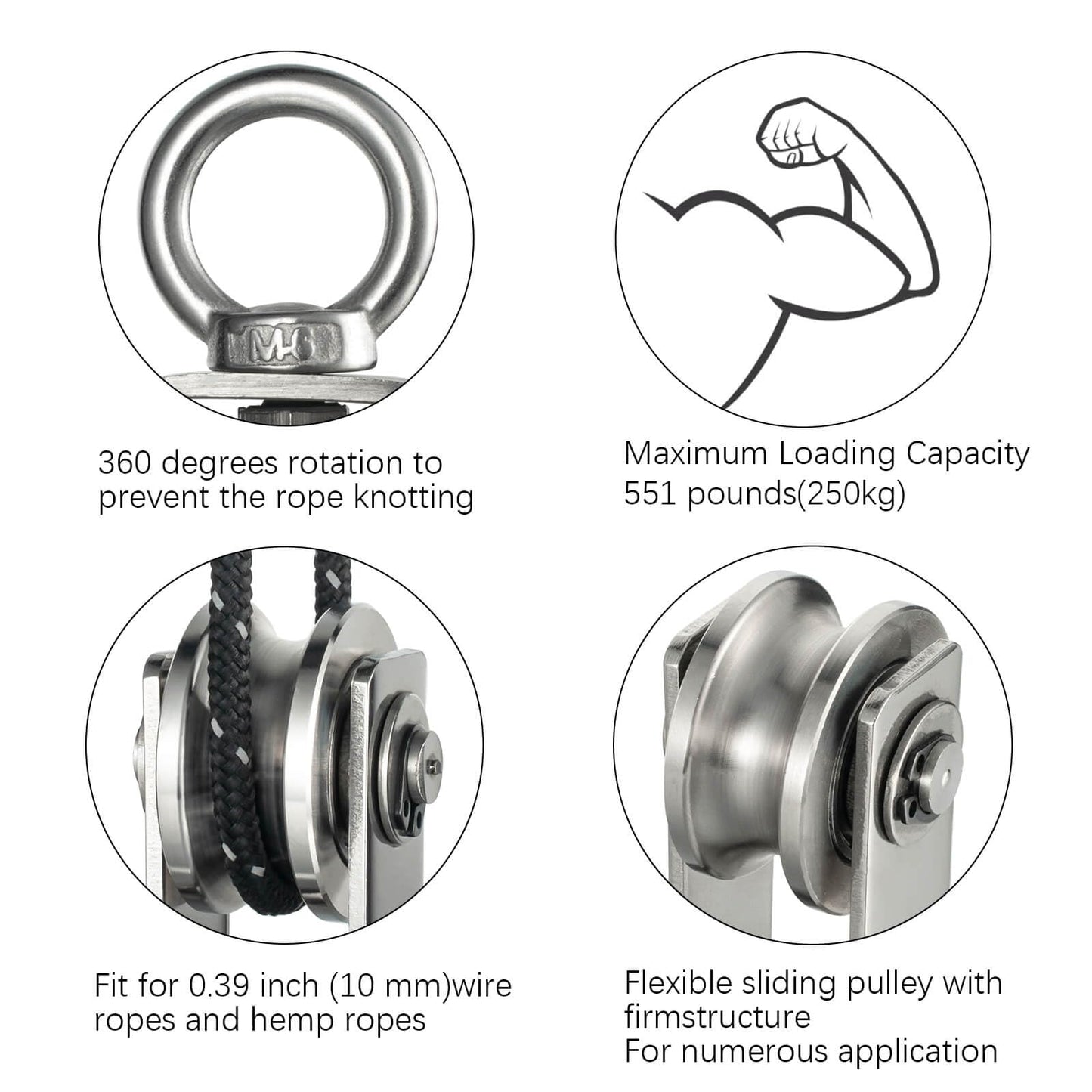 SHINICO Pulley Wheel with Carabiner, Bearing Inside, Stainless Steel, Rope Cable Pulley for Pulley System, 2 Pack