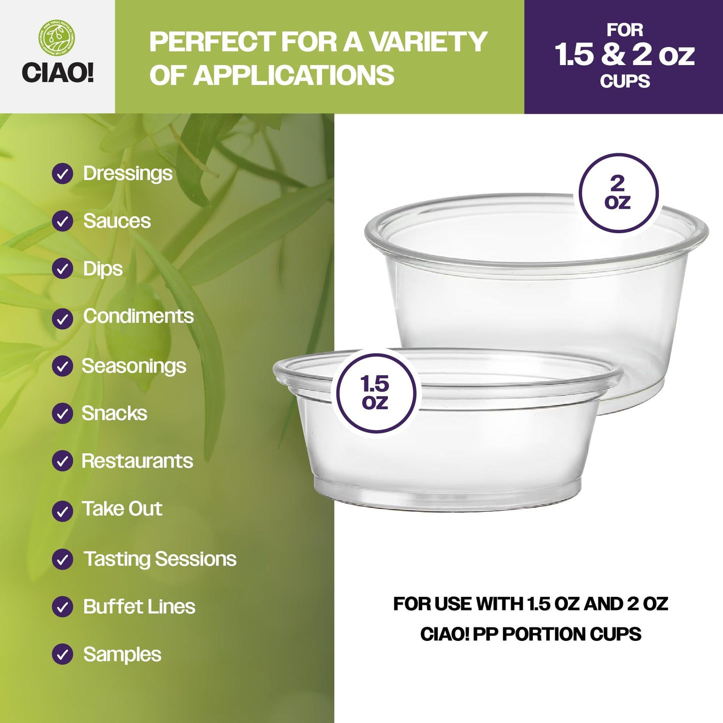 CIAO! Ultra Clear PET Portion Cup Lids, 62mm, Fits CIAO! 1.5 & 2 oz Portion Cups, Case of 2,500