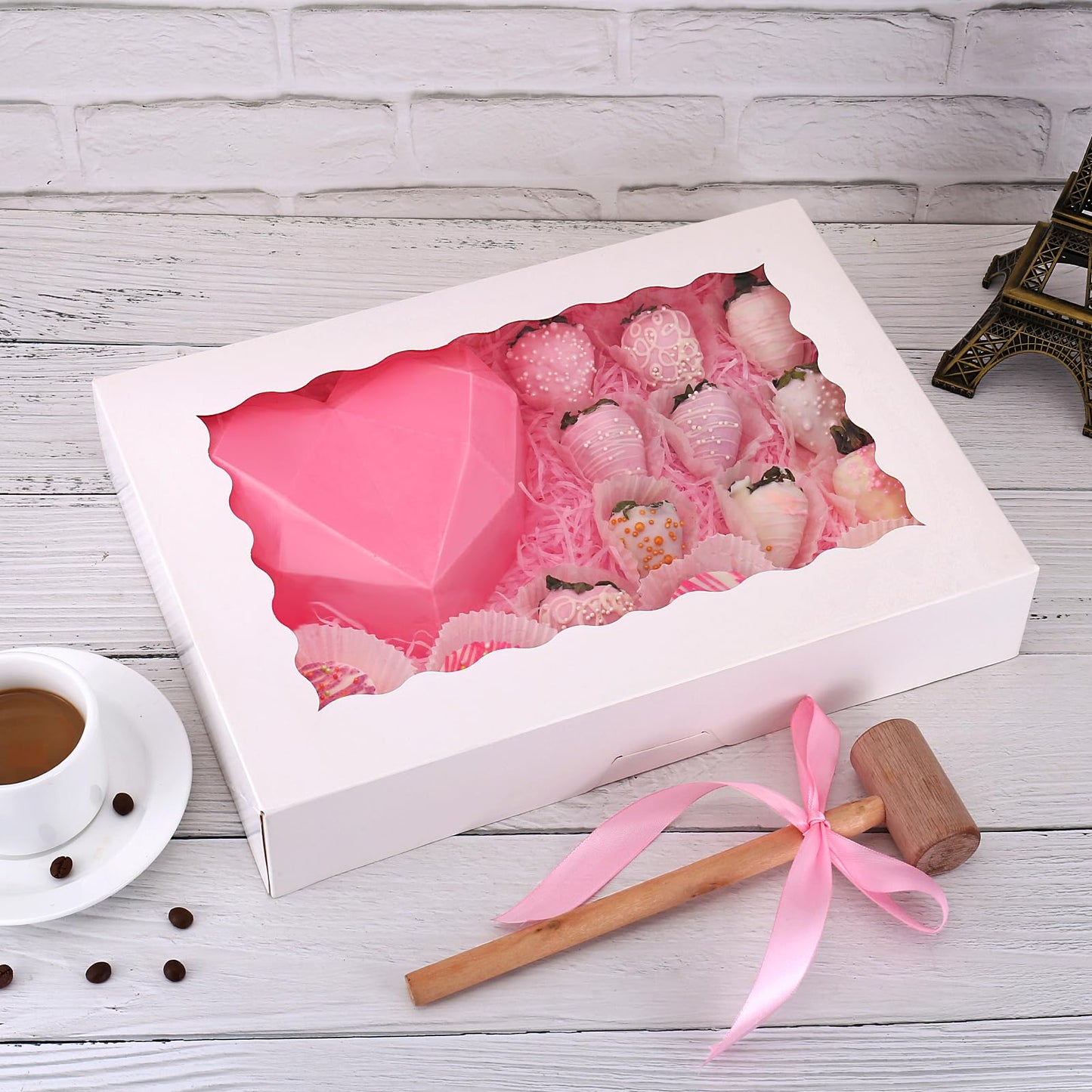 Tcoivs 20-Pack Bakery Boxes 14" x 10" x 2.5", Cookie Boxes, Auto-Popup Treat Boxes with Window for Donuts, Pies, Cakes, Muffins, and Pastries (White)