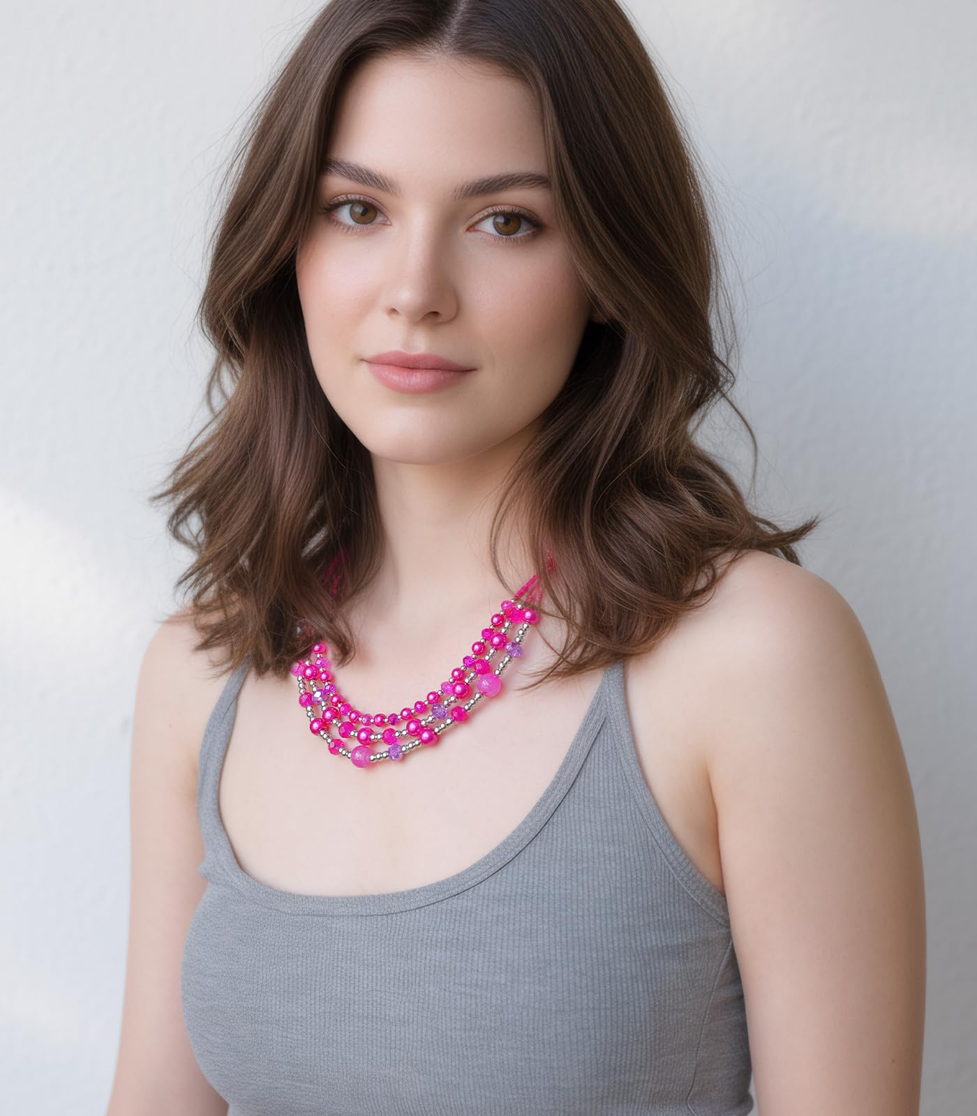 Noessla Beaded Statement Necklaces for Women Layered Chunky Bead Necklace Fashion Costume Jewelry Gifts for Mom(Hot Pink)