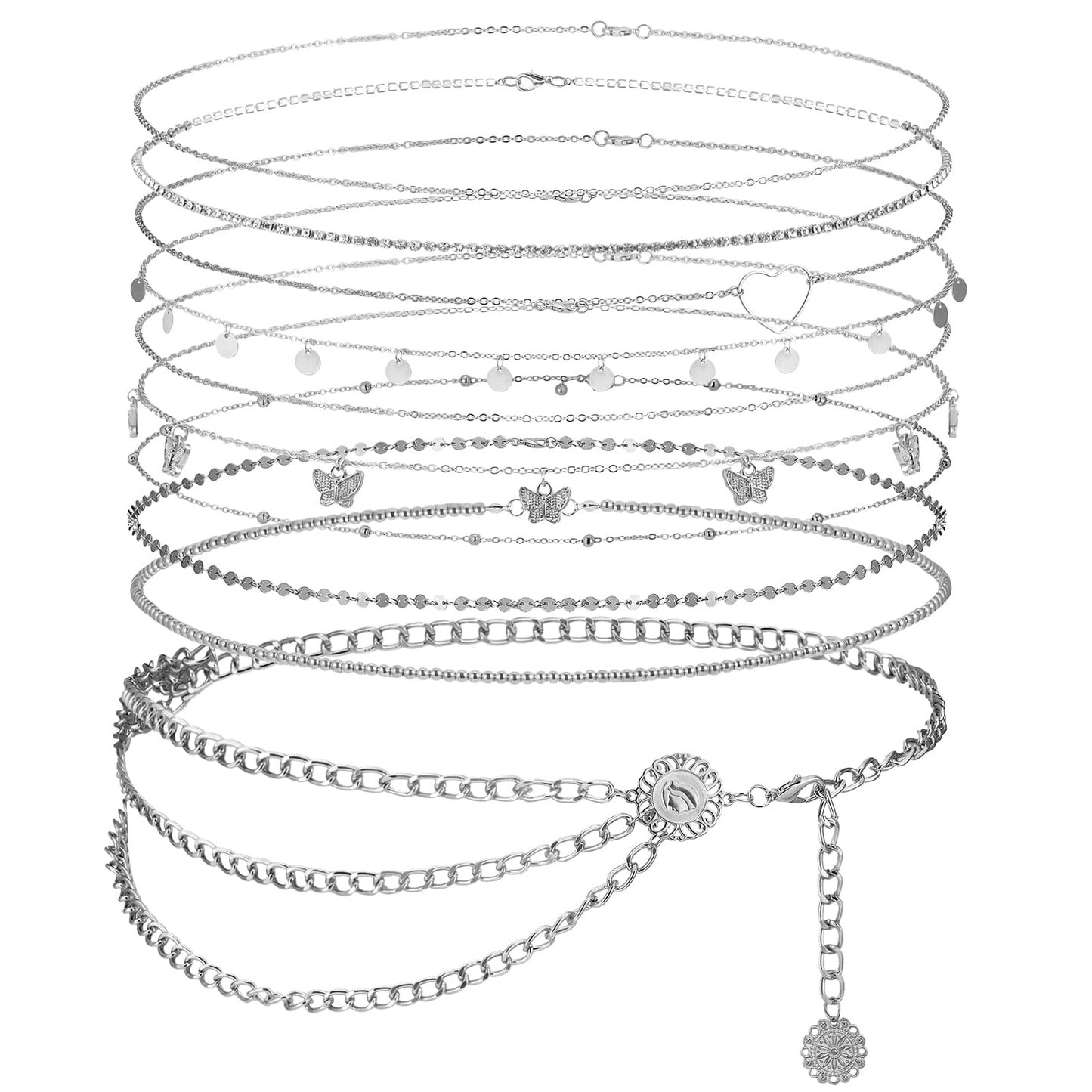 Lenwen 10 Pcs Summer Beach Belly Chain Adjustable Waist Multi Layered Chain Waist Jewelry for Women Girls Multilayer Body(Stylish Style,Silver)