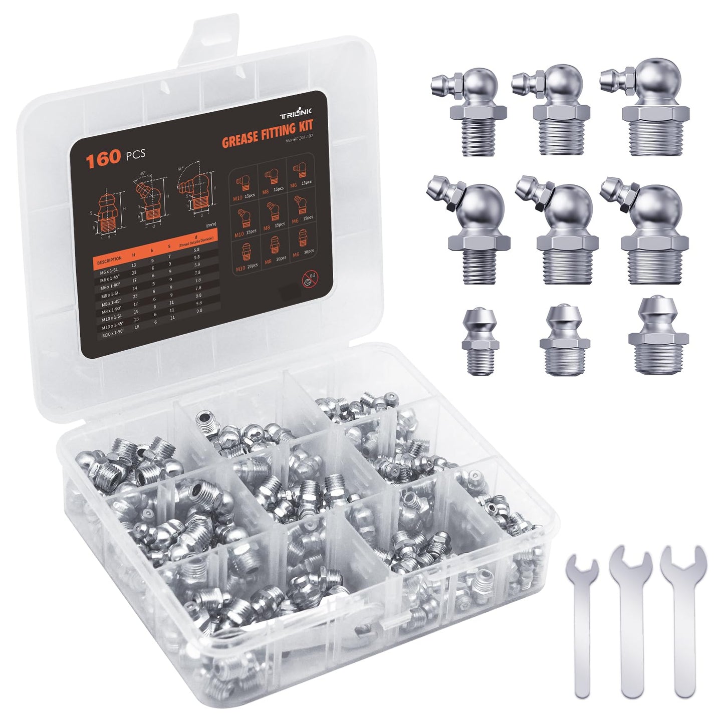 TRILINK Zerk Grease Fittings Assortment Kit – 160pcs M6, M8, M10 Metric Grease Nipples with Straight, 45 & 90-Degree Angles, Includes Wrench – Ideal for Automotive, Agricultural & Industrial Machinery