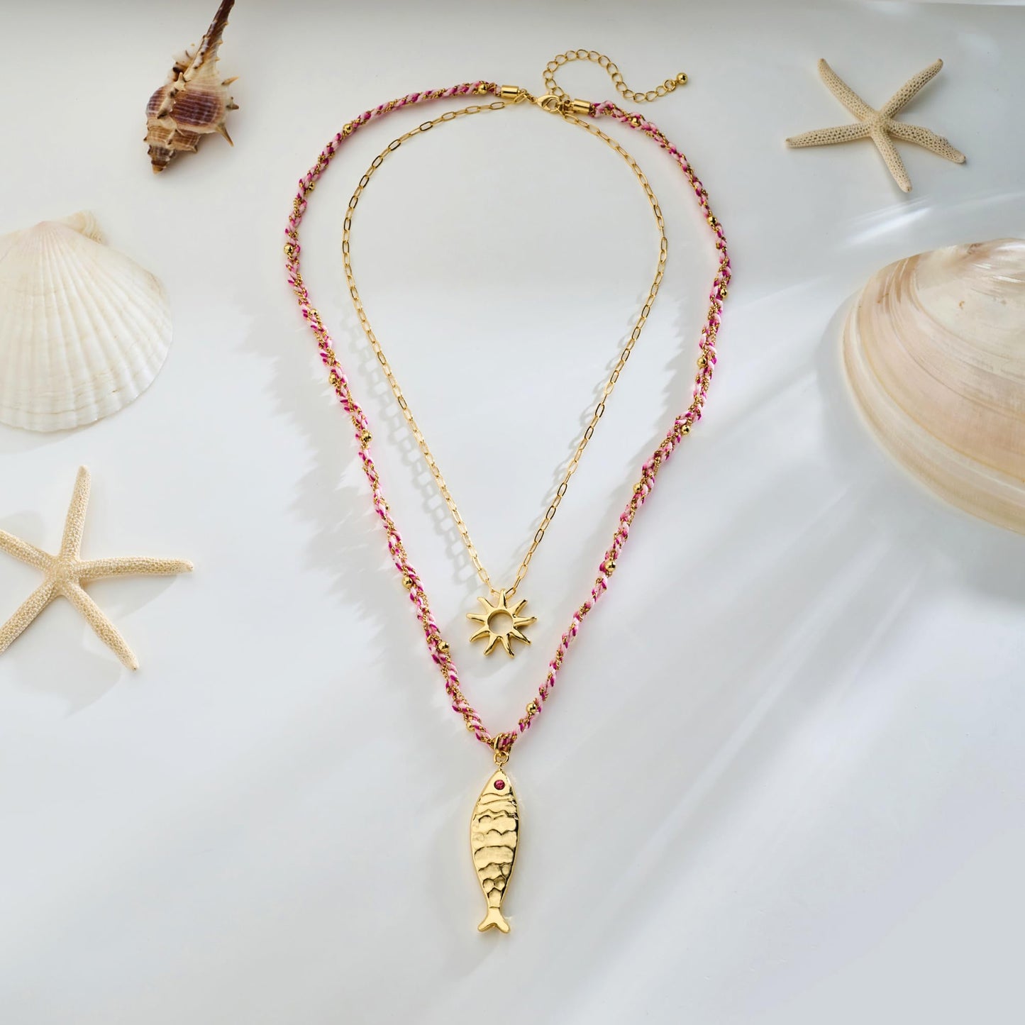 ENSKEFEN Double Layered Necklace for Women with Gold Sun and Fish Pendant Braid Cord Necklace Trendy Boho Ocean Fish Necklaces Adjustable Summer Beach Gold Necklaces Jewelry