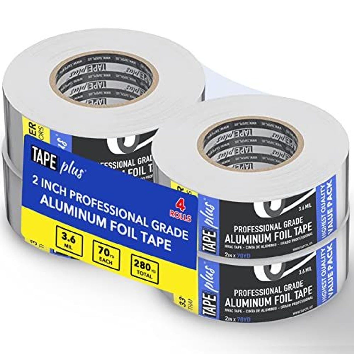 TapePlus Aluminum Foil Tape - Heat Resistant Duct Seal for HVAC Applications - Waterproof Insulation Tape - Aluminum Adhesive Sheet for Dryer Duct Repairs - 4 Pack, 2 in x 210 ft, Silver