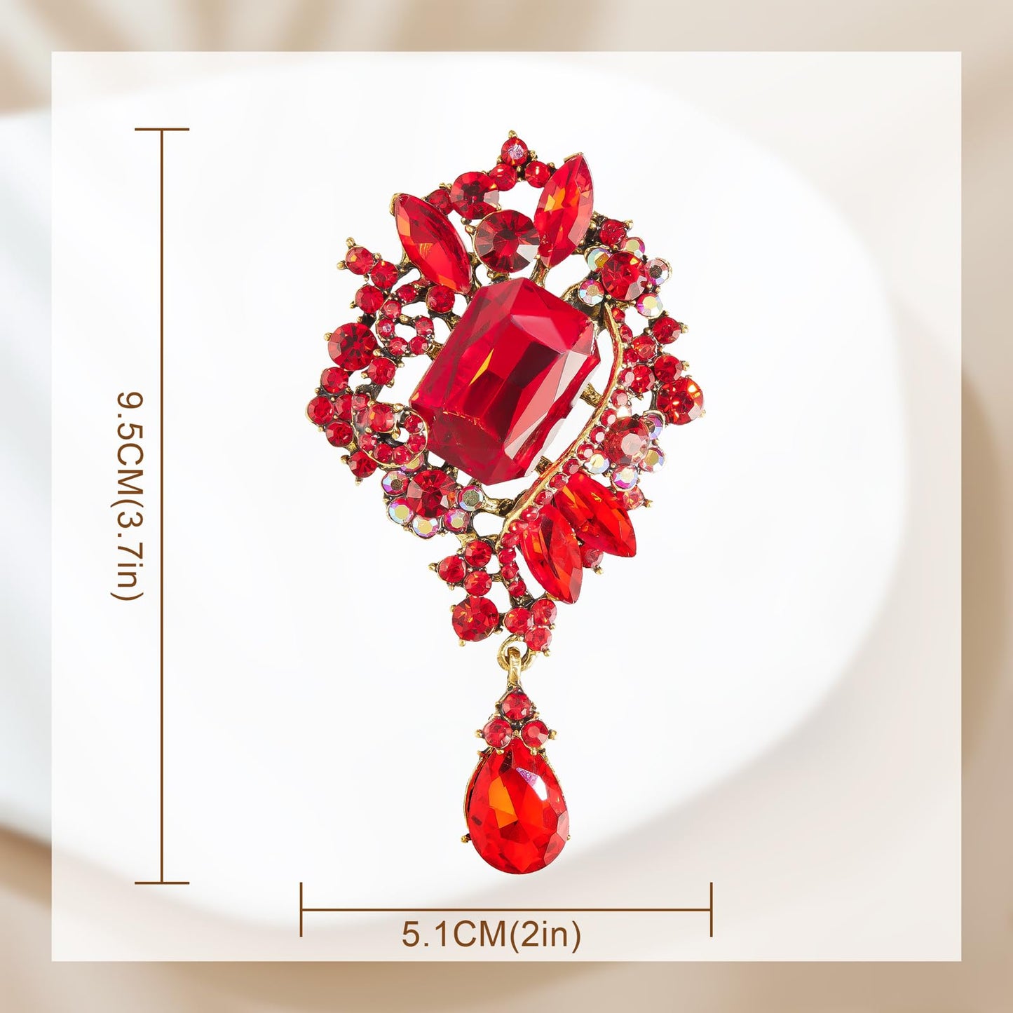 YOQUCOL Retro Red Austrian Crystal Big Brooch Pin for Women Large Flower Water Drop Shape Brooches Lapel Pins for Sweater,Coat Dress Accessories -106