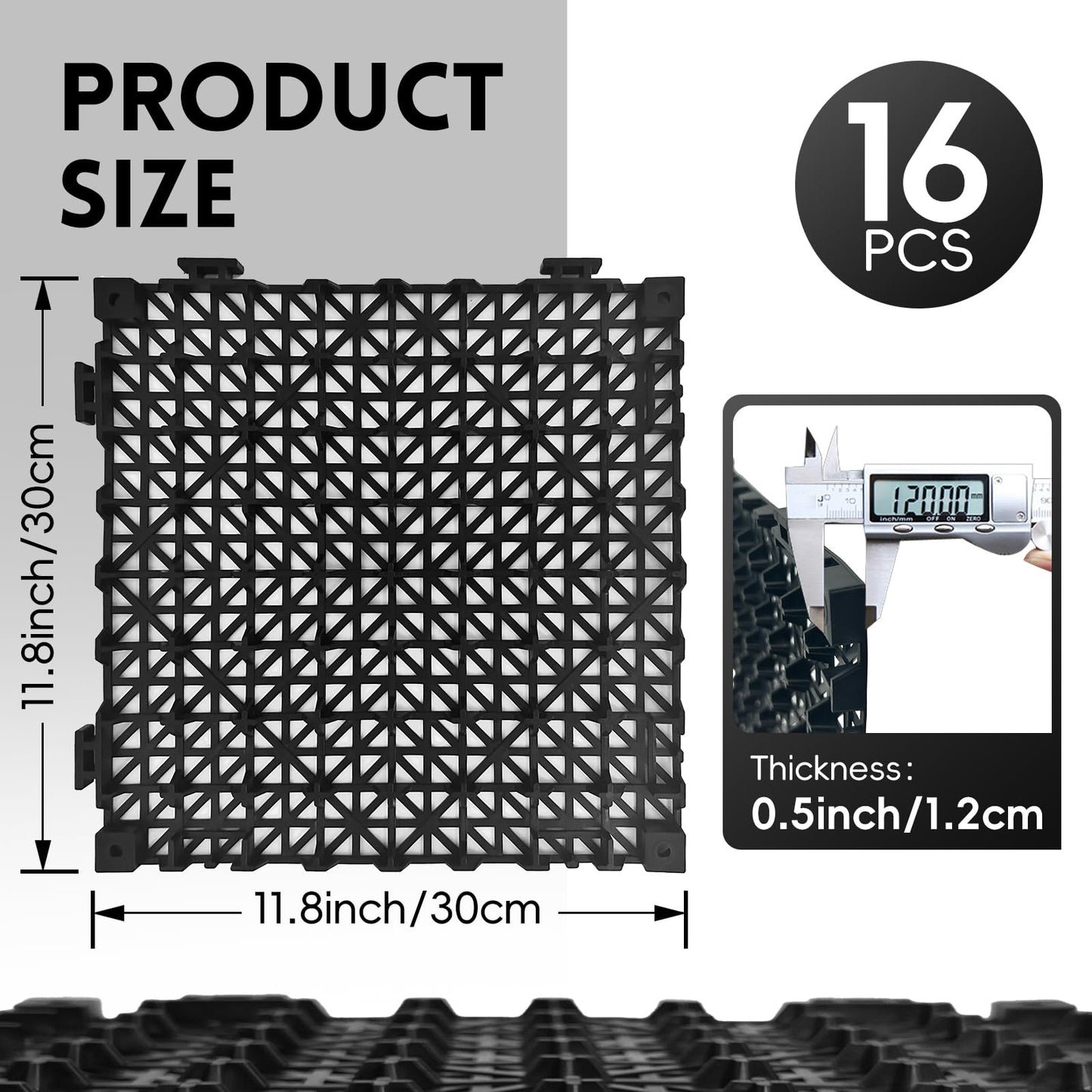 RITOLLO Modular Interlocking Cushion Drainage Floor Tiles, 16-Pack 11.8"x11.8" PVC Raised Non-Slip Interlocking Mats with Drain Holes for Deck, Pool, Garage, Shower, Patio, Bathroom, Sauna, Yard
