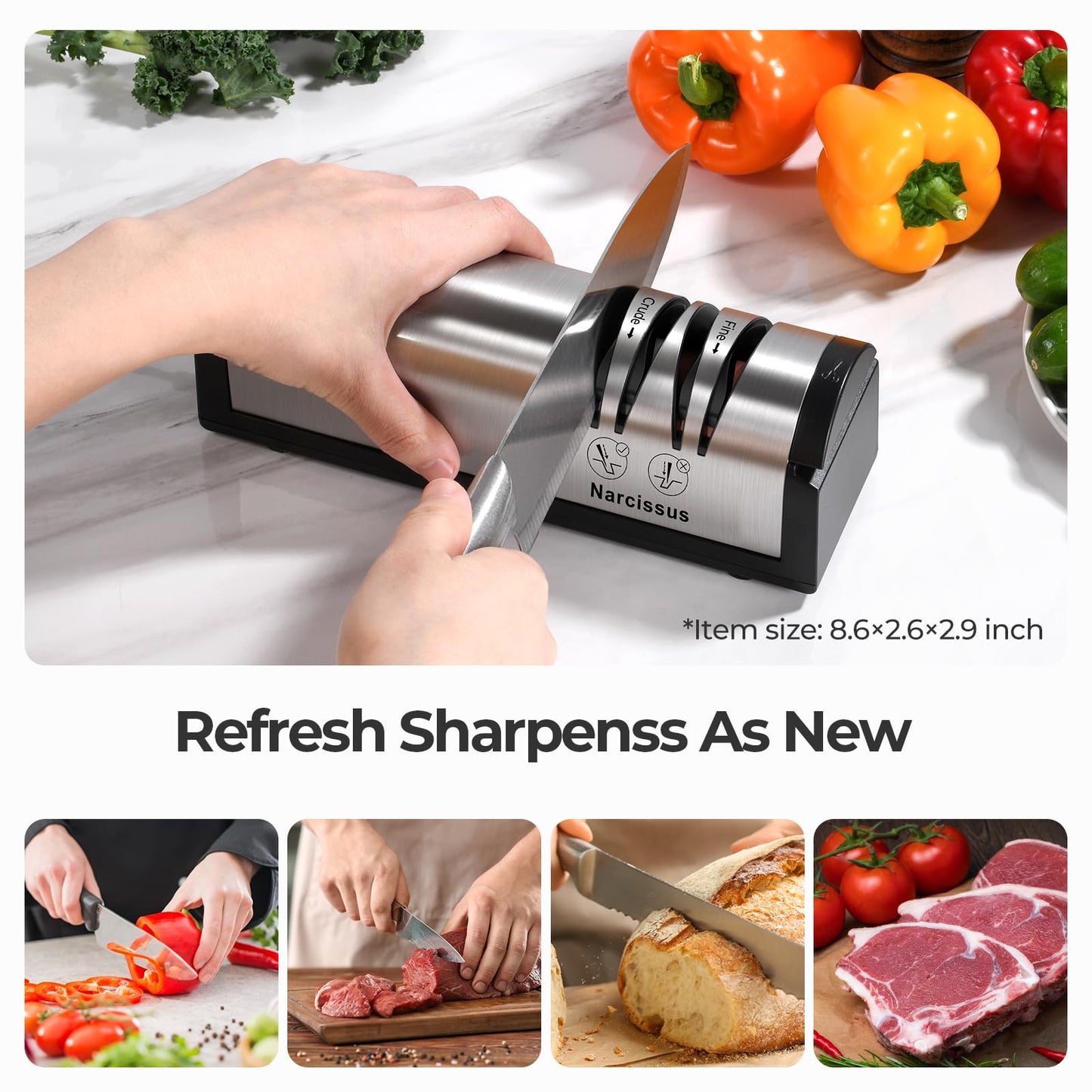 Narcissus Knife Sharpener, Professional 2 Stage Electric Knife Sharpener for Quick Sharpening & Polishing, with Scissors Sharpener and Metal Dust Collection Box, Stainless Steel, Silver