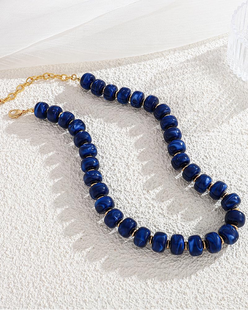 FAUTHENTICUTE Blue Beaded Chunky Statement Necklace for Women Adjustable Gold Tone Choker Boho Navy Blue Bead Collar Necklace Trendy Summer Beach Fashion Jewelry Gifts