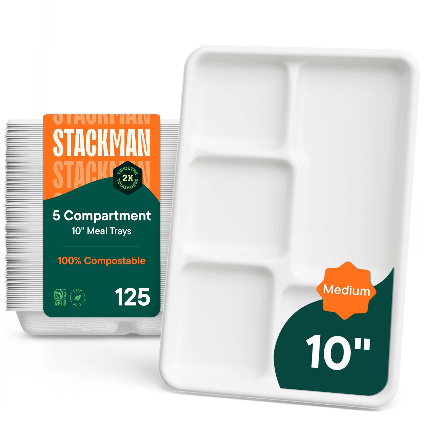 100% Compostable Paper Plate 125-Pack 5-Compartment Bagasse School Lunch Tray, Heavy Duty Quality Disposable Tray, Eco-Friendly Made of Sugar Cane Fibers