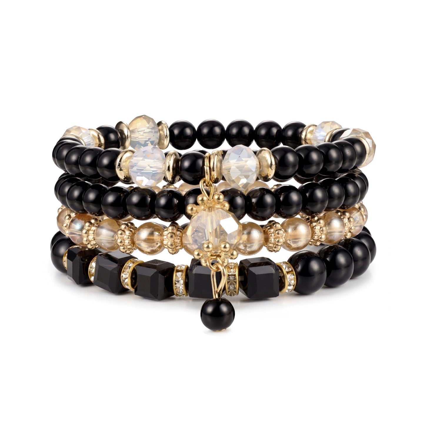Tungary 4Pcs Beaded Bracelets for Women Bohemian Bracelet Stacks Handmade Natural Stone Stretch Bracelets Multi-Color Daily Wear Accessories Summer Beach Boho Jewelry Gift Black Bracelet Set
