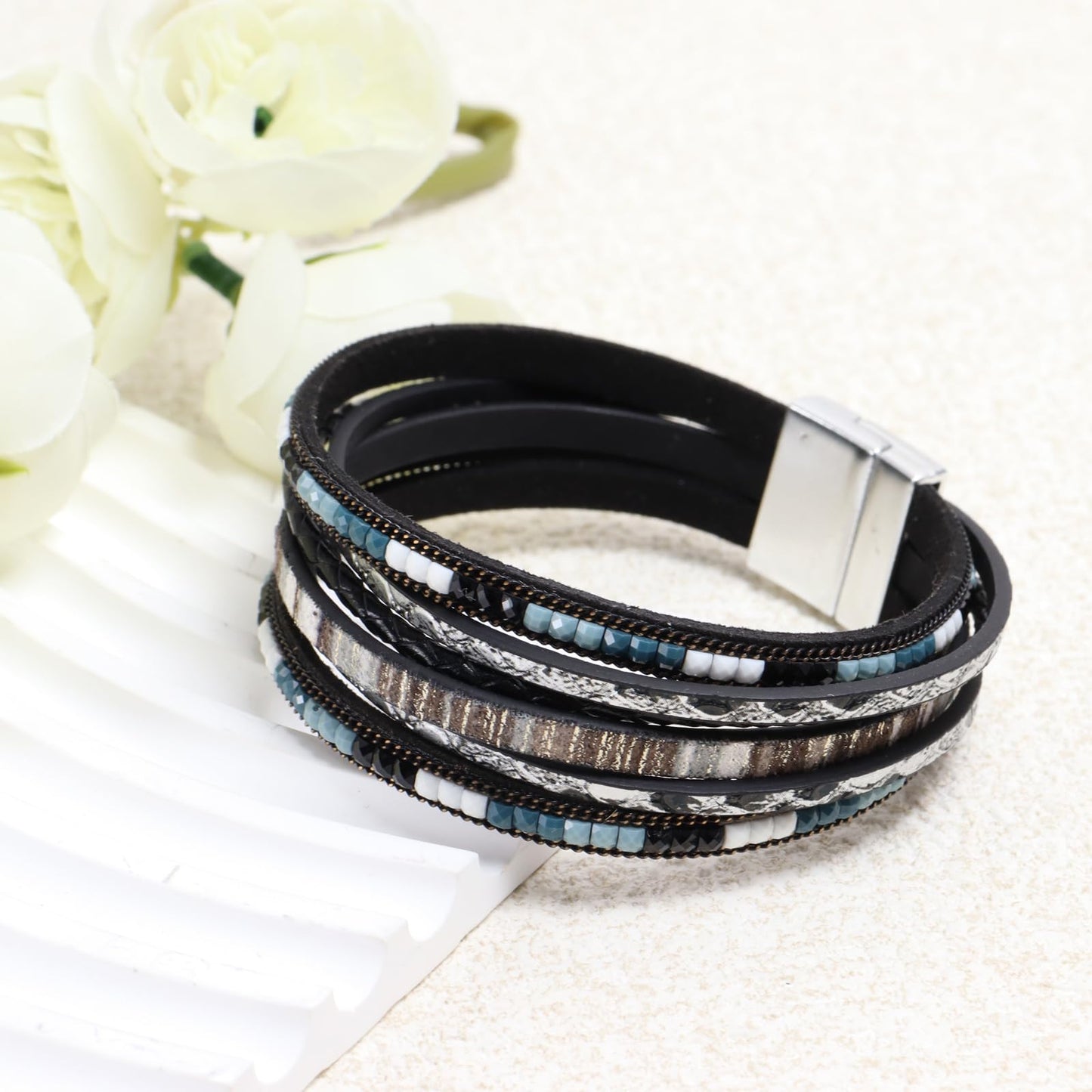 WQYILEAER Bracelets for Women, 2Pcs Leather Wrap Layer Bracelets Boho Rustic Multi-Layer Braided Bracelet Stack Bracelet for Women (Black Khaki)