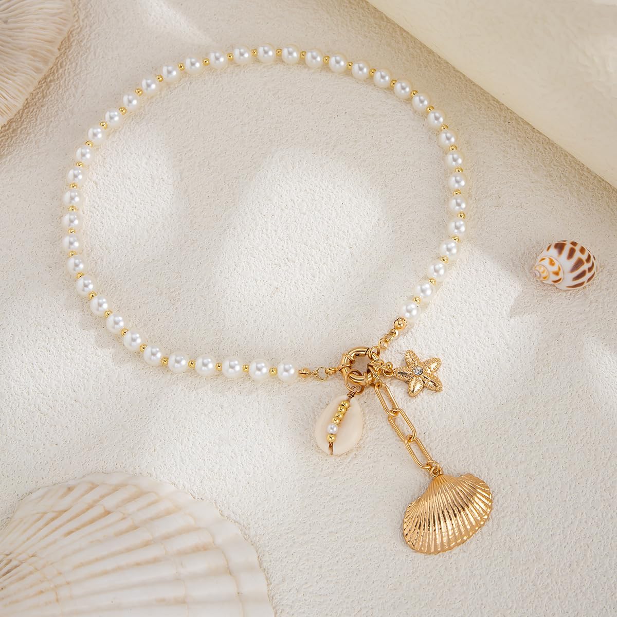 Seashell Necklace Beach Jewelry for Women Starfish Fish Necklace Boho Pearl Choker Sea Shell Necklaces for Women Beach Necklaces Summer Vacation Jewelry (Style3)