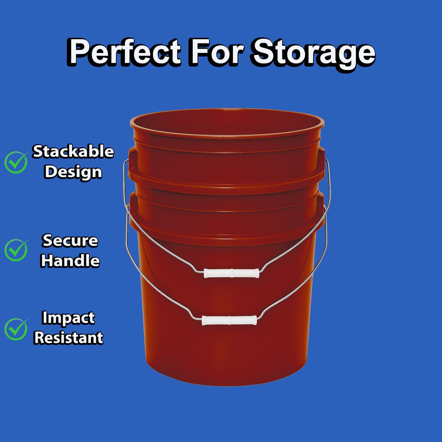MKS Plastics 5-Gallon Bucket with Airtight Lid – Made in USA, Food Grade BPA Free Plastic, Heavy Duty Multi-Use, Metal Handle with Grip, Stackable Storage – Burgundy, 6 Pack