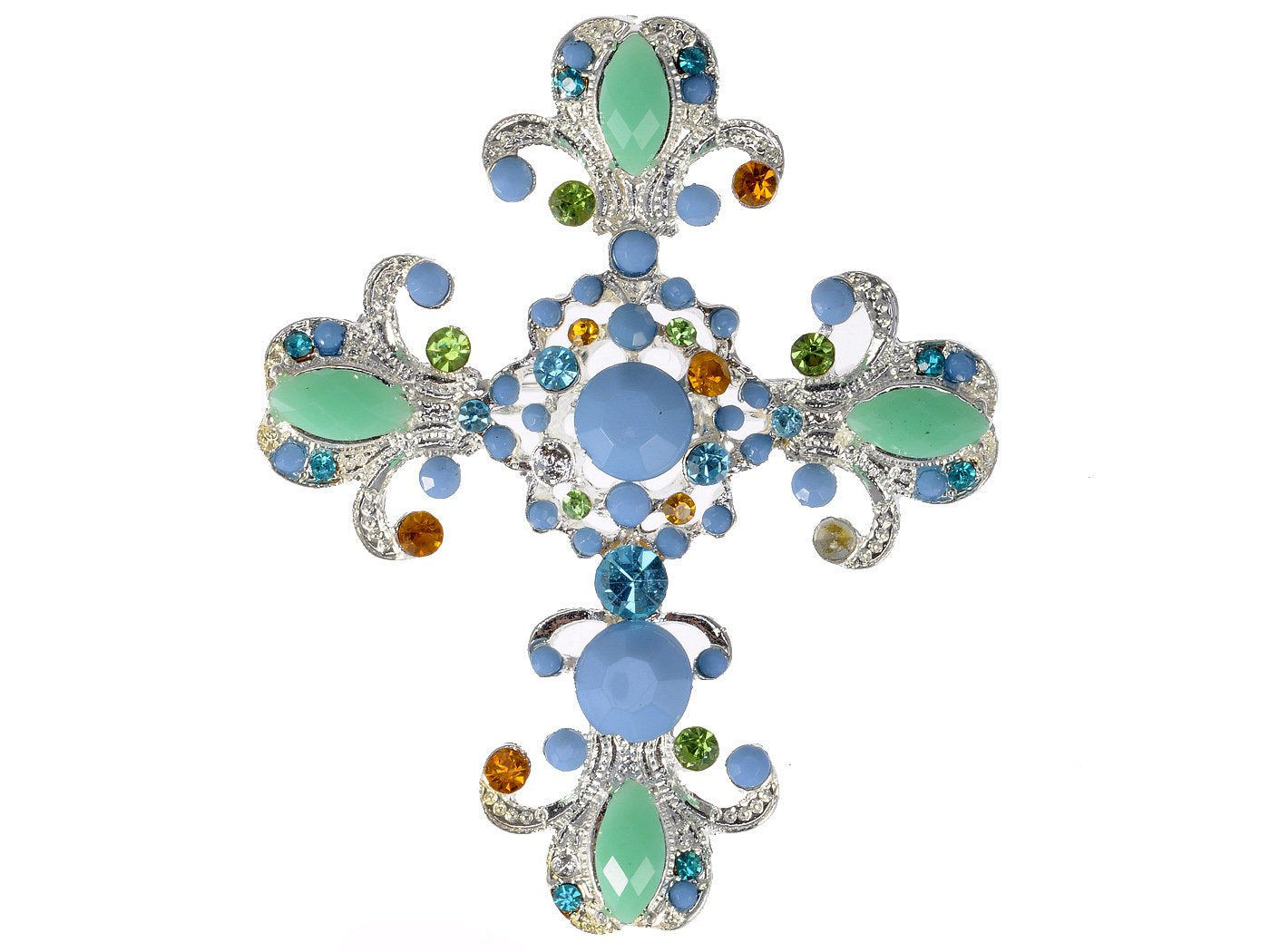 Alilang Victorian Sea Foam Sky Blue Bead Crystal Rhinestone Cross Pin Brooch