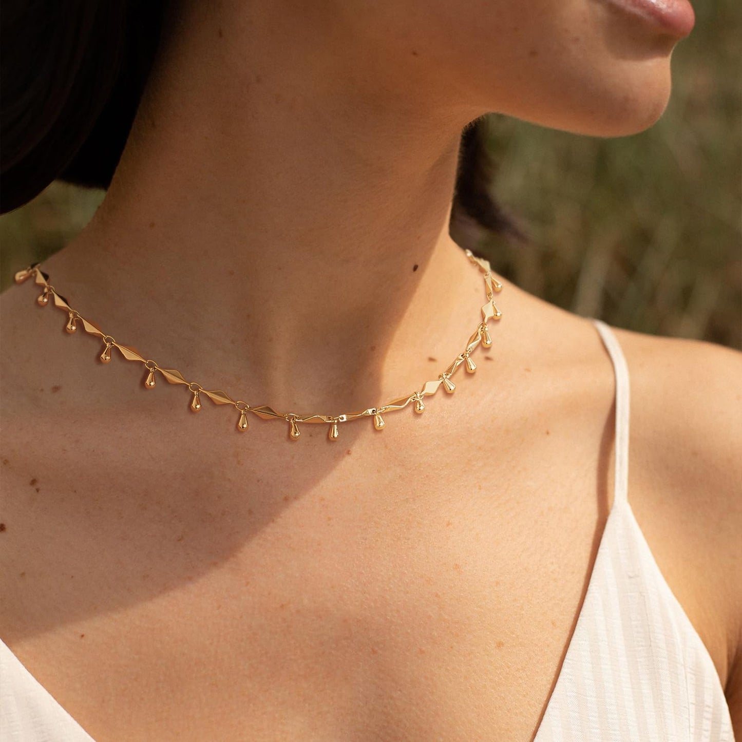 MTMY Beads Choker Necklace,14K Gold Plated Dainty Beaded Chain Choker Necklace Delicate Fashion Jewelry Gift for Women(water drop)