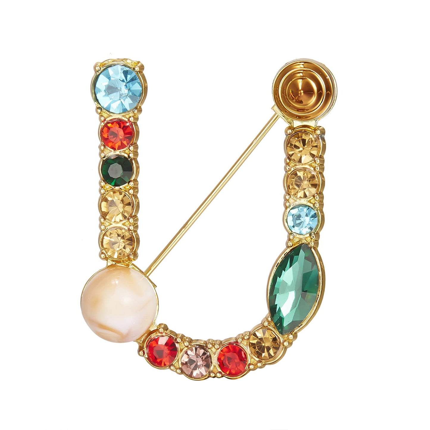 RINHOO Crystal Pearl Initial Brooch Gold Plated Enamel Colorful Letter Alphabet Breastpin Pin Jewelry for GIFTS (Gold U)
