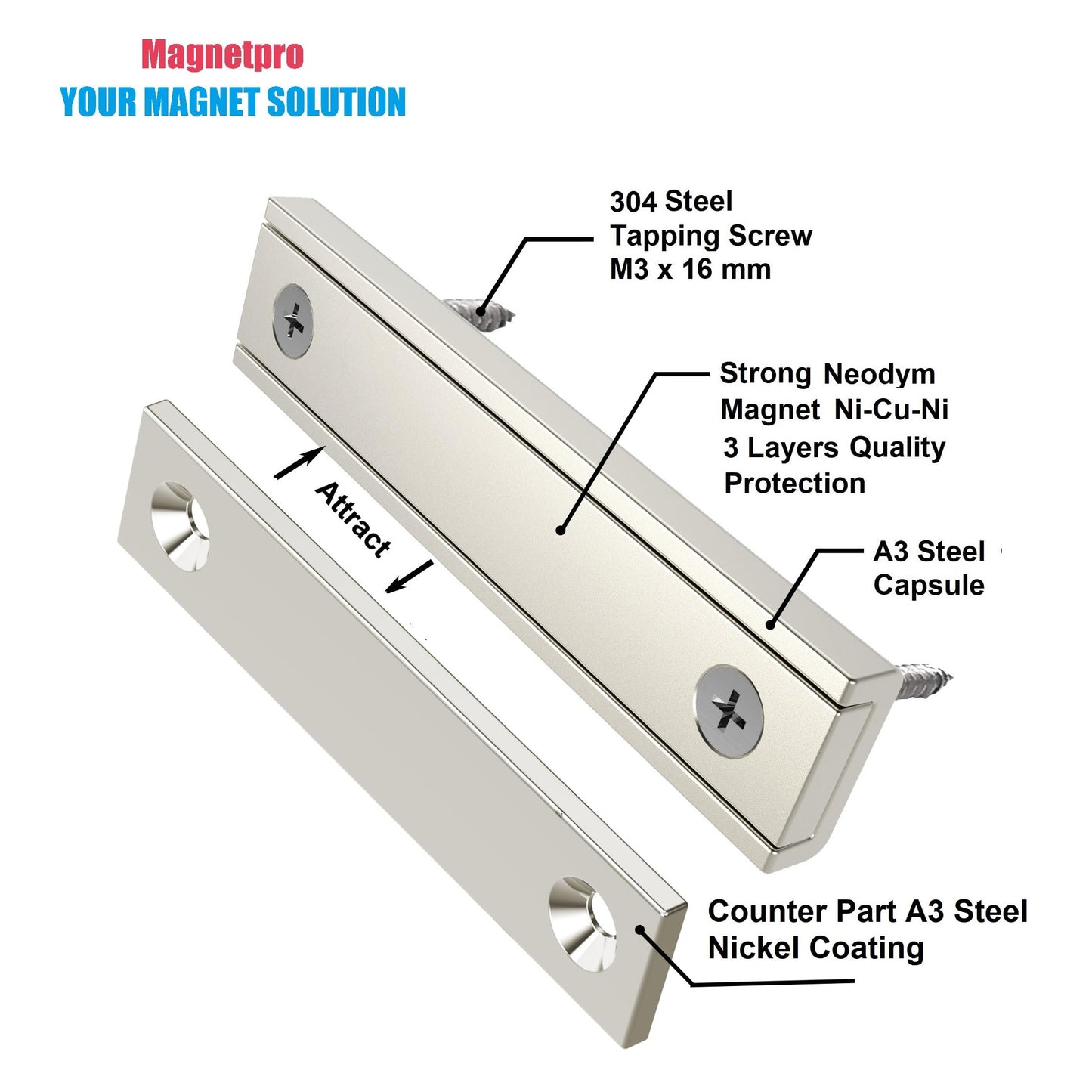 Magnetpro Rectangular Magnets 70 LB Force Size 2.36" x 0.53" x 0.20" with Counterparts and Countersunk Hole, Household and Industrial Pot Magnet with Screws Pack of 6
