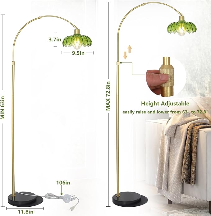Arc Floor Lamps for Living Room, Gold Floor Lamp with Remote, Glass Standing Lamp for Bedroom, Green Flower Lamp with LED Bulb, Height Adjustable Tall Lamps for Office, Modern Stand Up Lamp Decor