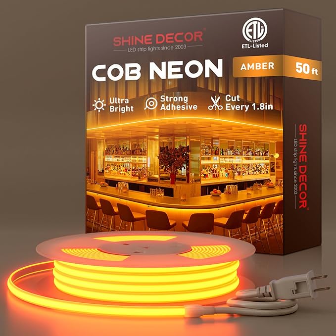 Shine Decor COB LED Rope Light AC 120V, 800lm Ultra Bright, IP65 Waterproof Cold-Resistant ETL Neon Strip, No Driver Tape Lighting for Home Commercial 10x4.5mm, Amber, 50ft