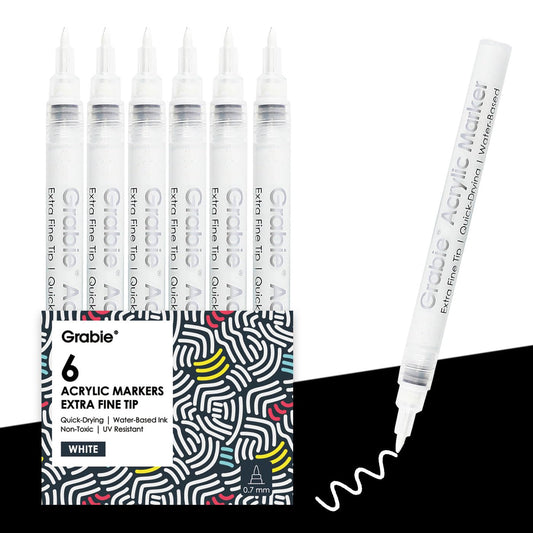 Grabie 6 White Acrylic Paint Markers, 0.7mm Extra Fine Tip Acrylic Paint Pens for Drawing, Coloring Books for Adults