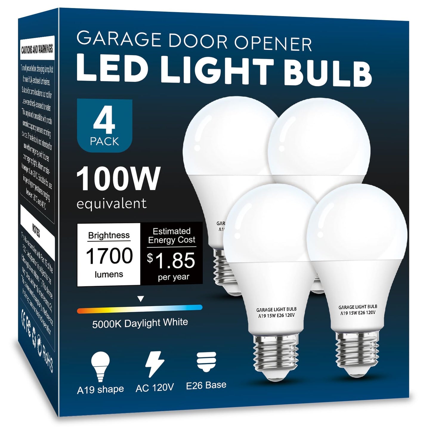 LOXYEE Garage Door Opener LED Light Bulb 4 Pack，15W Equivalent to 100W Garage Light Bulb,A19 5000K Daylight White E26 Base 120V Outdoor Light Bulbs,Minimize Interference,Dimmable