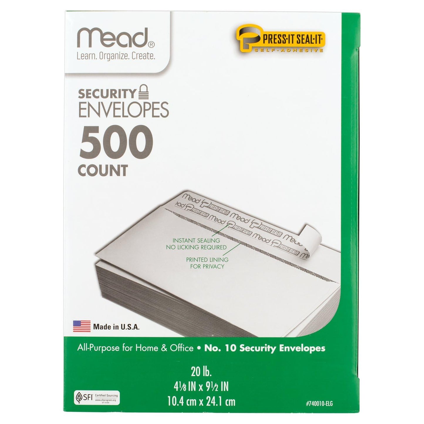 Mead #10 Security Business Envelopes Letter Size 4-1/8" x 9-1/2" – Peel and Seal, Privacy Lined, No-Window, Press-It Seal-It Self-Adhesive for Home & Office Mailing, 500 Count (740010)