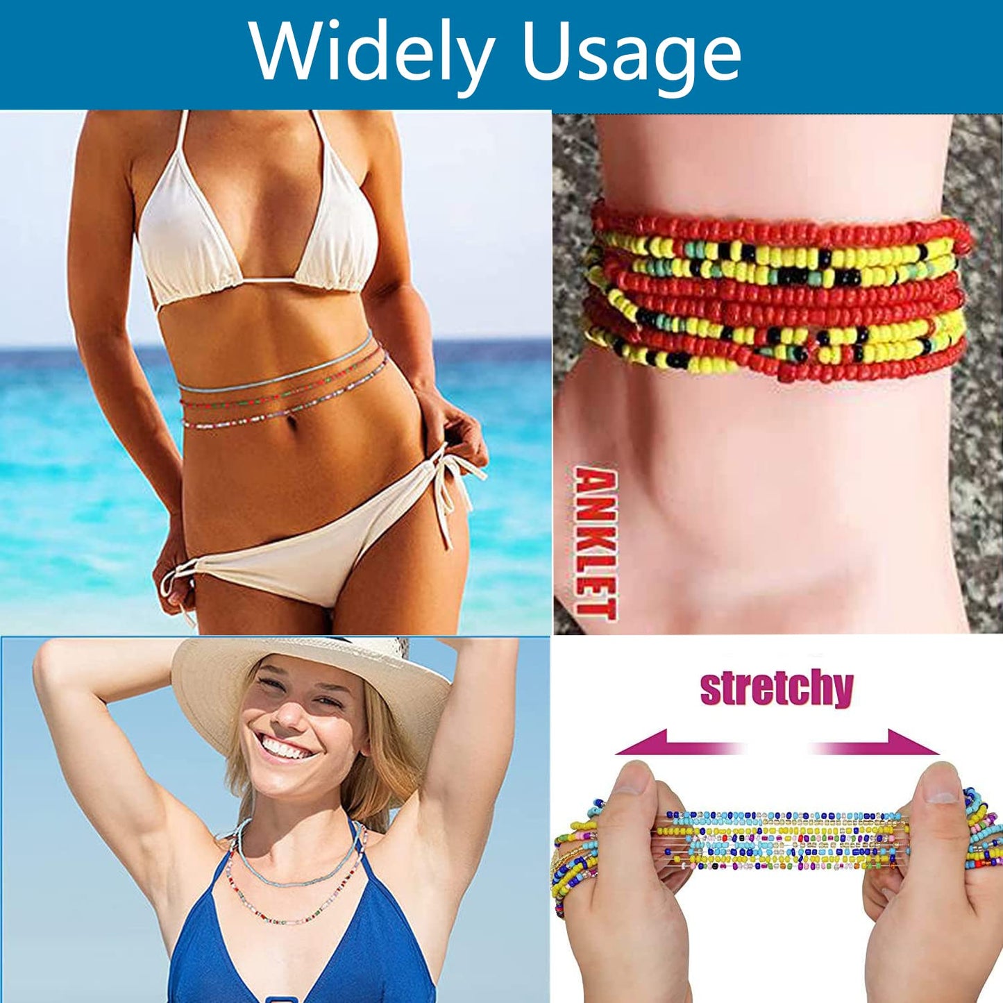 TOBENY 24PCS Waist Beads for Women African Belly Beads for the waist Colorful Summer Body Beads Jewelry Stretchy Elastic African Waist Beads 31.5-35.5 Inch Beaded Waist Chain