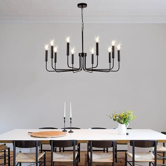 Farmhouse Candle Chandelier, 10 Light Rustic Black Ceiling Pendant Light Fixture, L-Arm Design Industrial Dining Room Hanging Lighting for Living Room, Entryway, Foyer, Kitchen Island