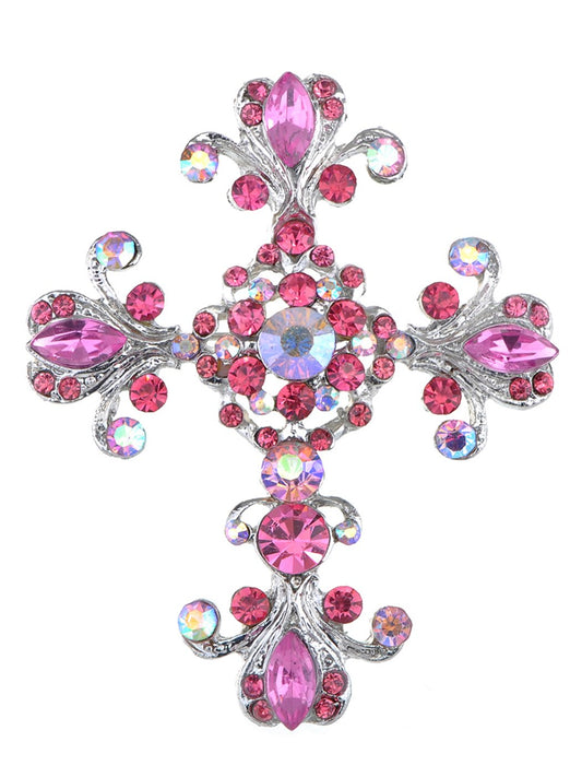 Alilang Victorian Pink Rose Crystal Rhinestone Flourish Floral Holy Cross Pin Brooch
