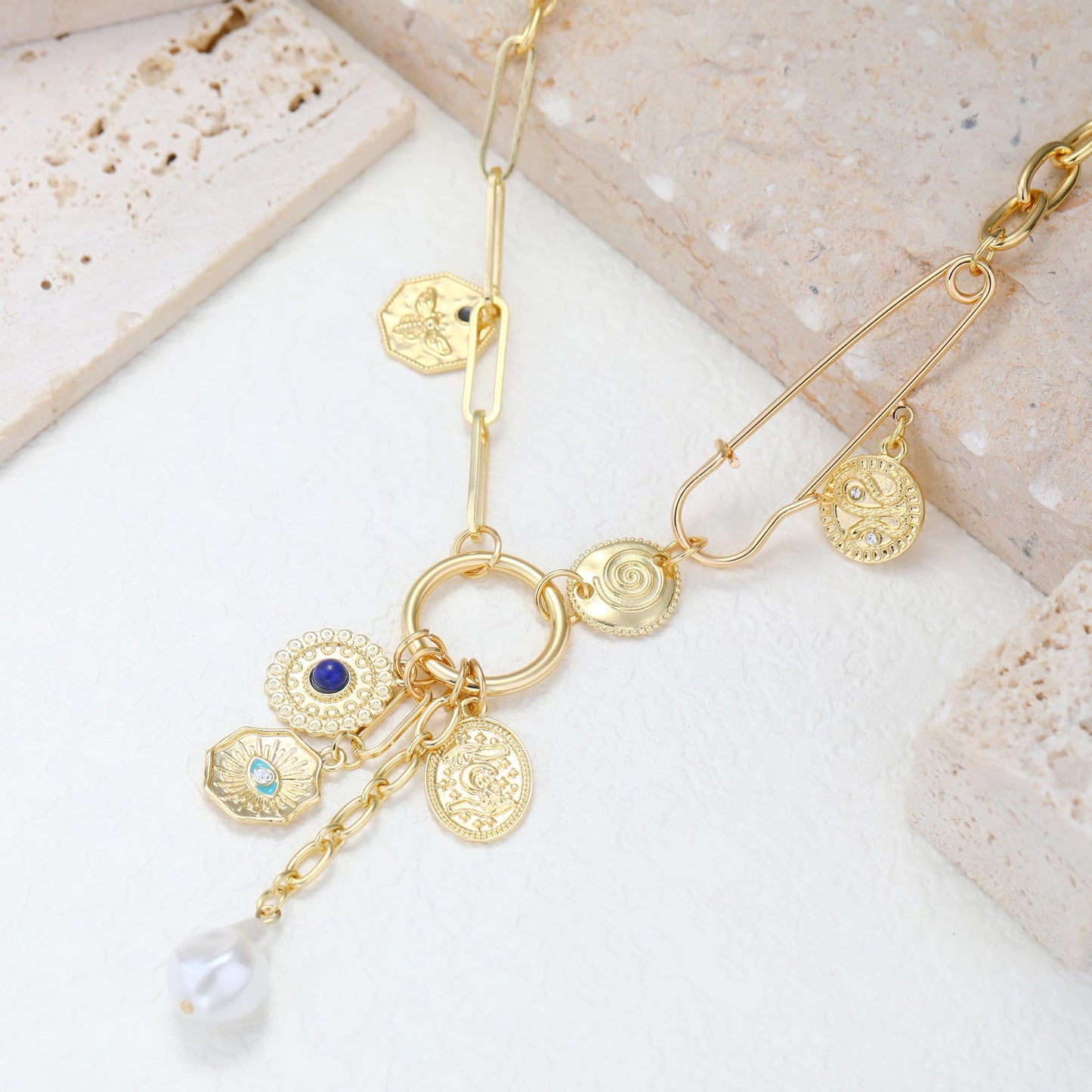 BONJOULRY Charm Necklace for Women Gold Evil Eye Pearl Blue Beads Coin Pendant Necklace Dainty Paperclip Chain Vintage Luck Amulet Choker Necklaces Celestial Jewelry Gift