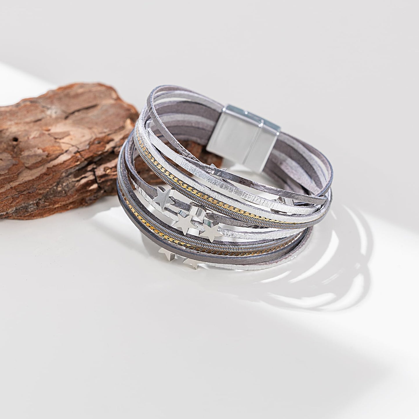 FANCY SHINY Leather Wrap Star Bracelet Boho Bangle Bracelets for Women Trendy Stackable Cute Star Bracelet with Magnetic Clasp(Grey)