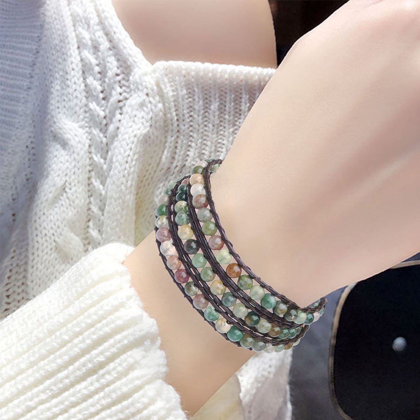 Ayriwoyi Moss Indian Agate Bracelet Beaded Wrap Bracelet for Women Natural Stone Bracelet Leather Wrap Bracelet Crystal Bracelets Handmade Jewelry Gifts