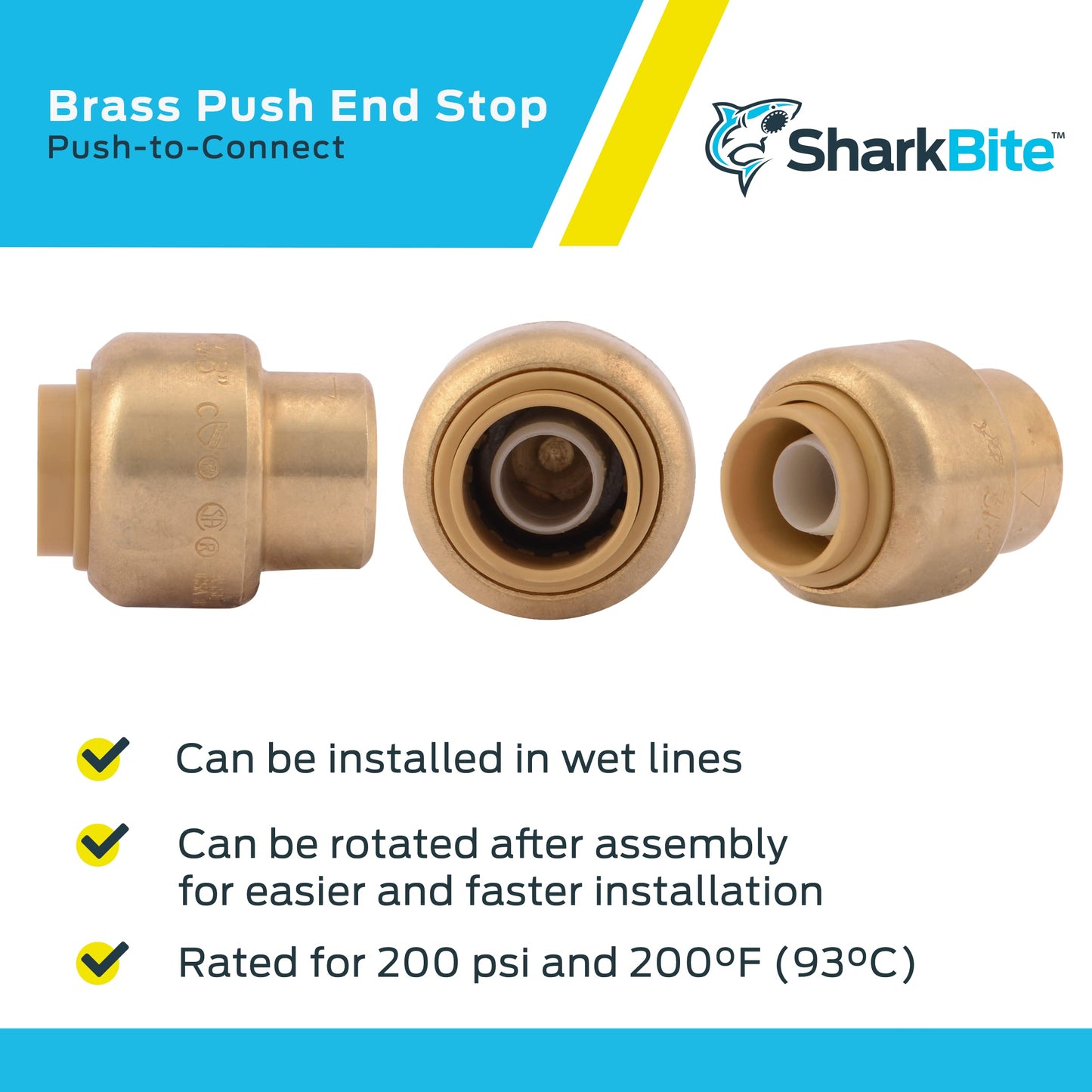 SharkBite 3/8 Inch (1/2 Inch OD) Push Cap, Pack of 6, Push to Connect Brass Plumbing Fitting, PEX Pipe, Copper, CPVC, PE-RT, HDPE, U512LF
