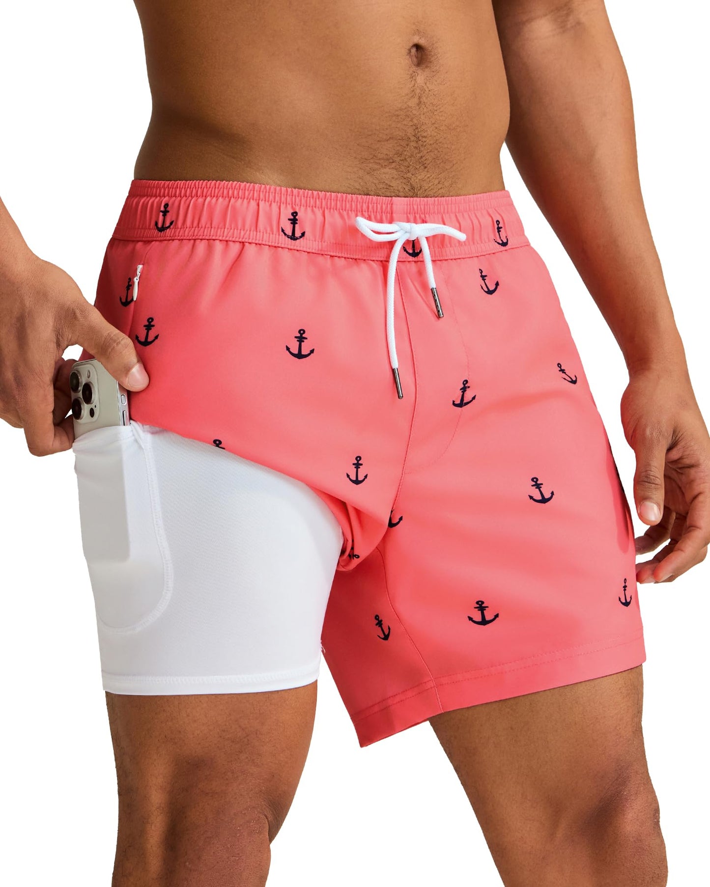 maamgic Mens Swim Trunks with Compression Liner 5 Inch, Quick Dry Bathing Suit with Zipper Pockets, Stretch No-Chafing Swim Shorts, Pink-Anchor X-Small