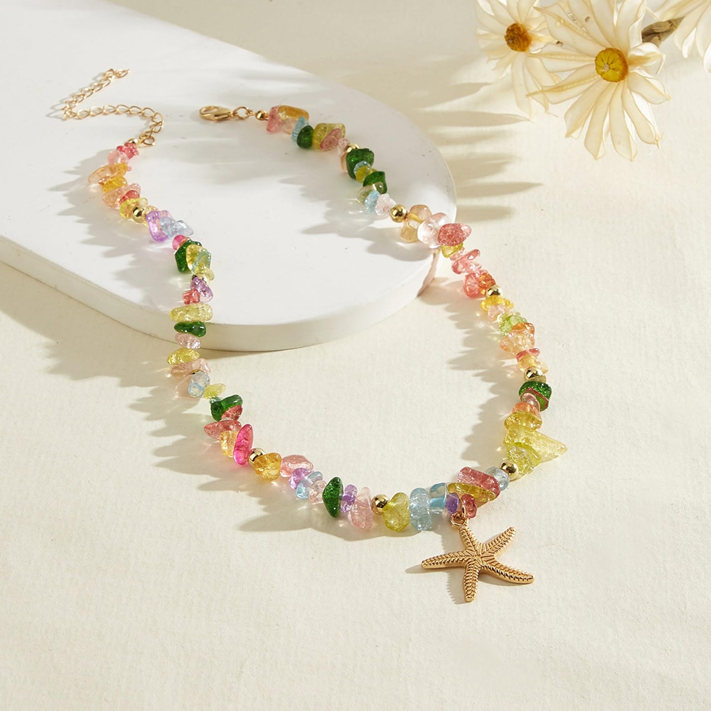 Yepelesi Gold Starfish Necklace Natural Stone Beaded Necklaces for Women Boho Handmade Irregular Stone Bead Necklace Summer Beach Ocean Jewelry Gift (Colorful)