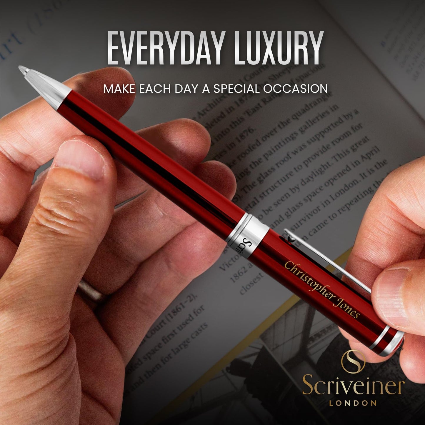 Scriveiner Personalized Deep Crimson Red Ballpoint Pen - Stunning Red Lacquer Luxury Pen with Chrome Finish, Schmidt Ink Refill, Engraved Ball Point Gift Set for Men & Women, Custom Engraving