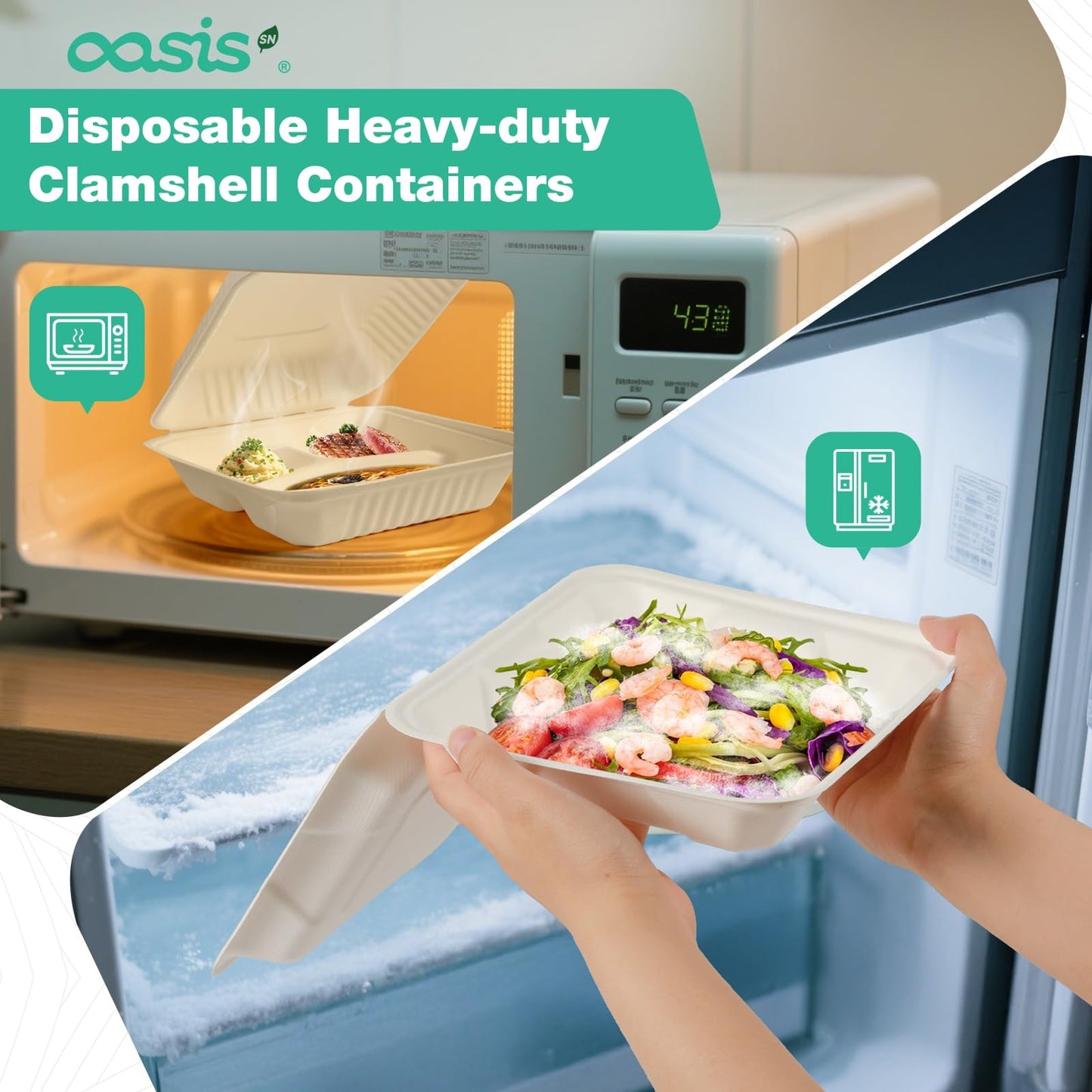 OasisSN 𝟵𝘅𝟲", 𝟲𝟴-𝗣𝗮𝗰𝗸 Clamshell Take Out Food Containers, Compostable Heavy-Duty Disposable Paper Lunch Boxes，Eco-Friendly Biodegradable To Go Containers For Food(White)