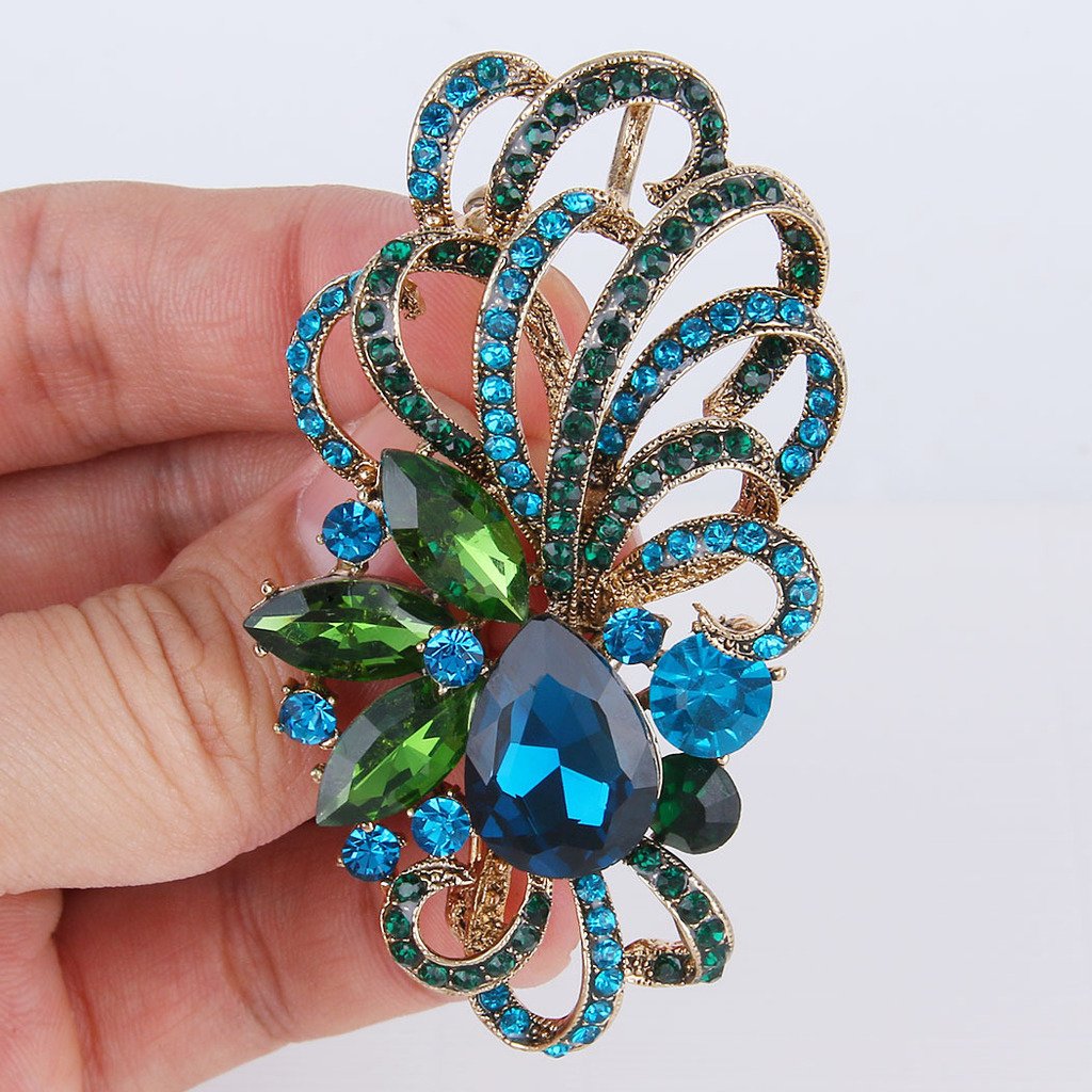 EVER FAITH Antique Gold-Tone Austrian Crystal Flower Ribbon Teardrop Brooch Pendant Blue
