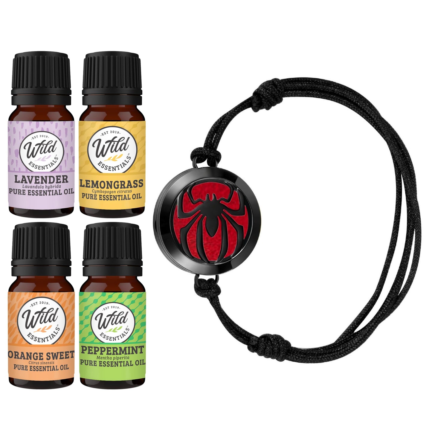 Wild Essentials Spider Essential Oil Bracelet Diffuser Gift Set, Pendant, Nylon Band, 12 Pads, Lavender, Lemongrass, Orange, Peppermint Oils, Customize Color Changing Perfume Jewelry, Aromatherapy