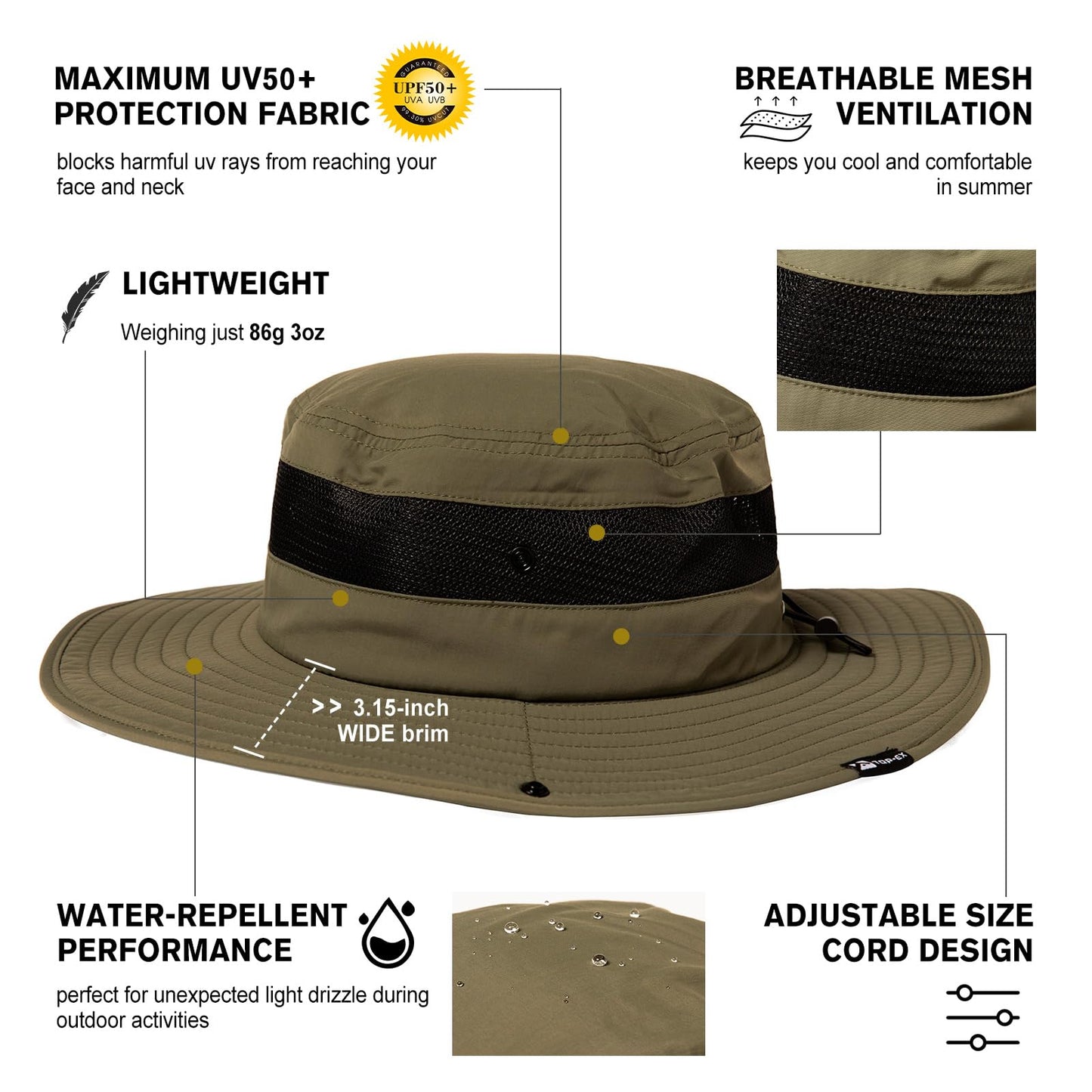 Summer Mesh Bucket Sun Hats for Men Big Head Wide Brim Boonie Safari Waterproof Beach UPF50+ Fishing Hiking Army Green Large X-Large L XL