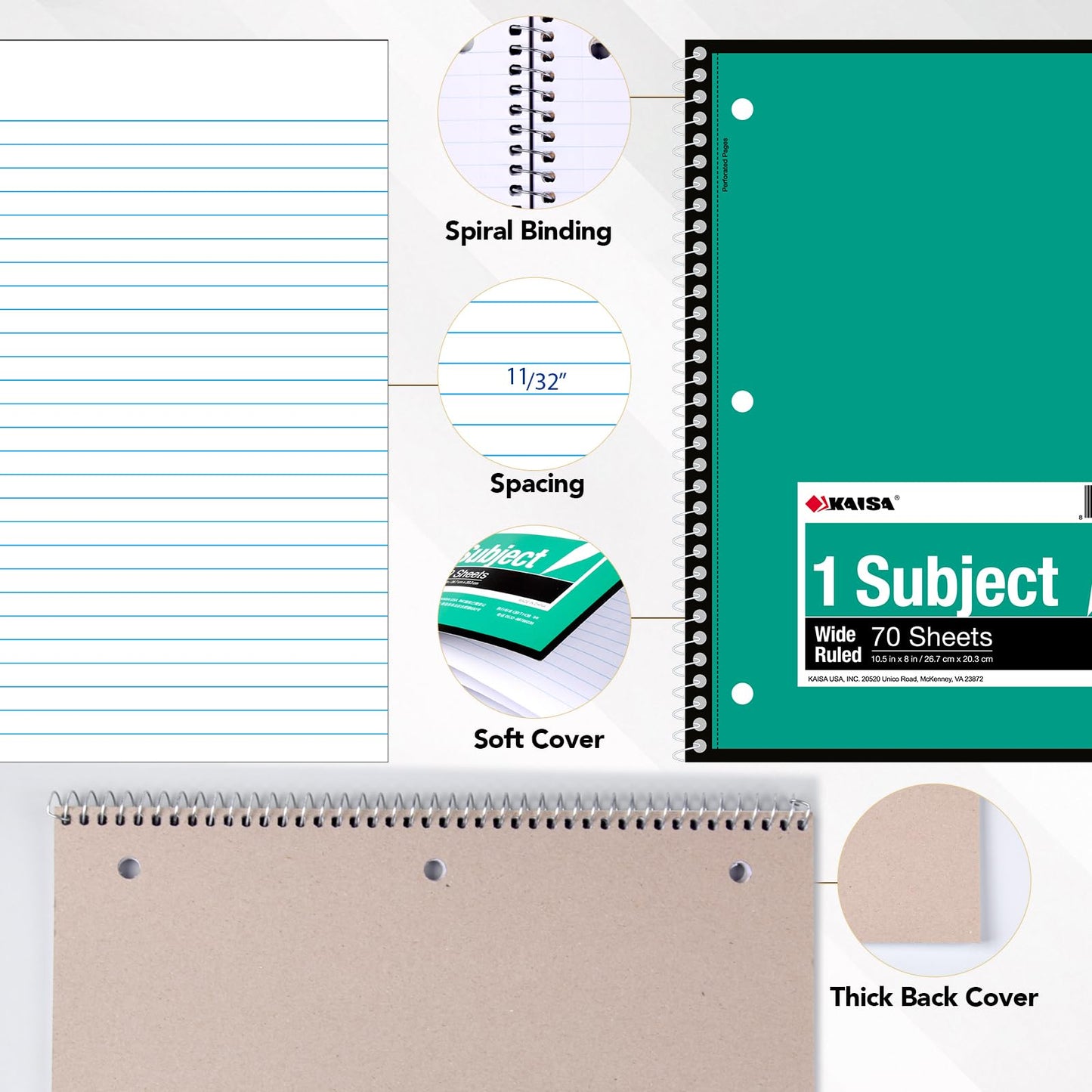 Kaisa Spiral Notebooks 1 Subject Note Books,70 Sheets 6 Vibrant Color Options, 4 Pads Per Color – Abundant Stock for All Your Needs 10.5x8in Wide Ruled, Paper Note Books Home School Supplies for Students Office, 1Carton of 24Books