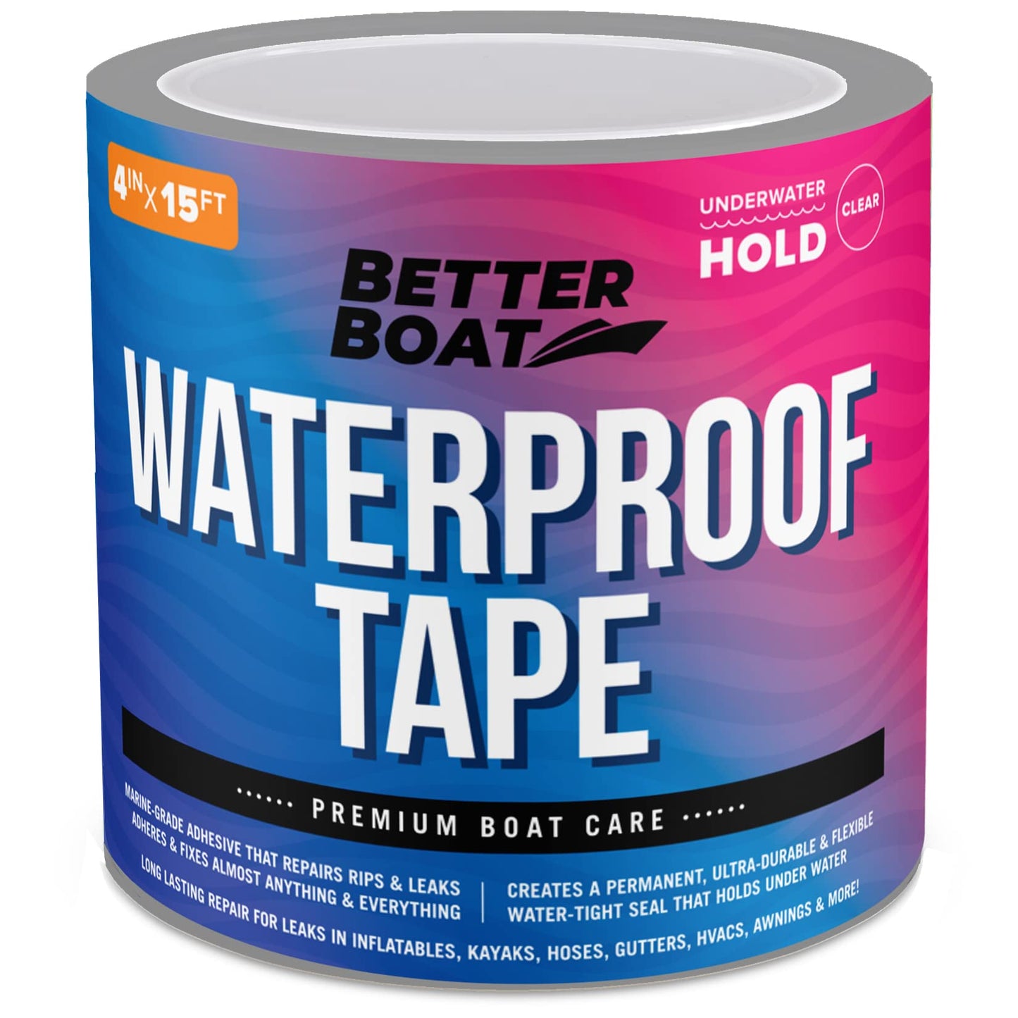 Better Boat Clear Waterproof Tape for Leaks Heavy Duty Marine Grade Seal Tape, 15 ft x 4 in, Invisible Repair, Pools, Shower, Windows