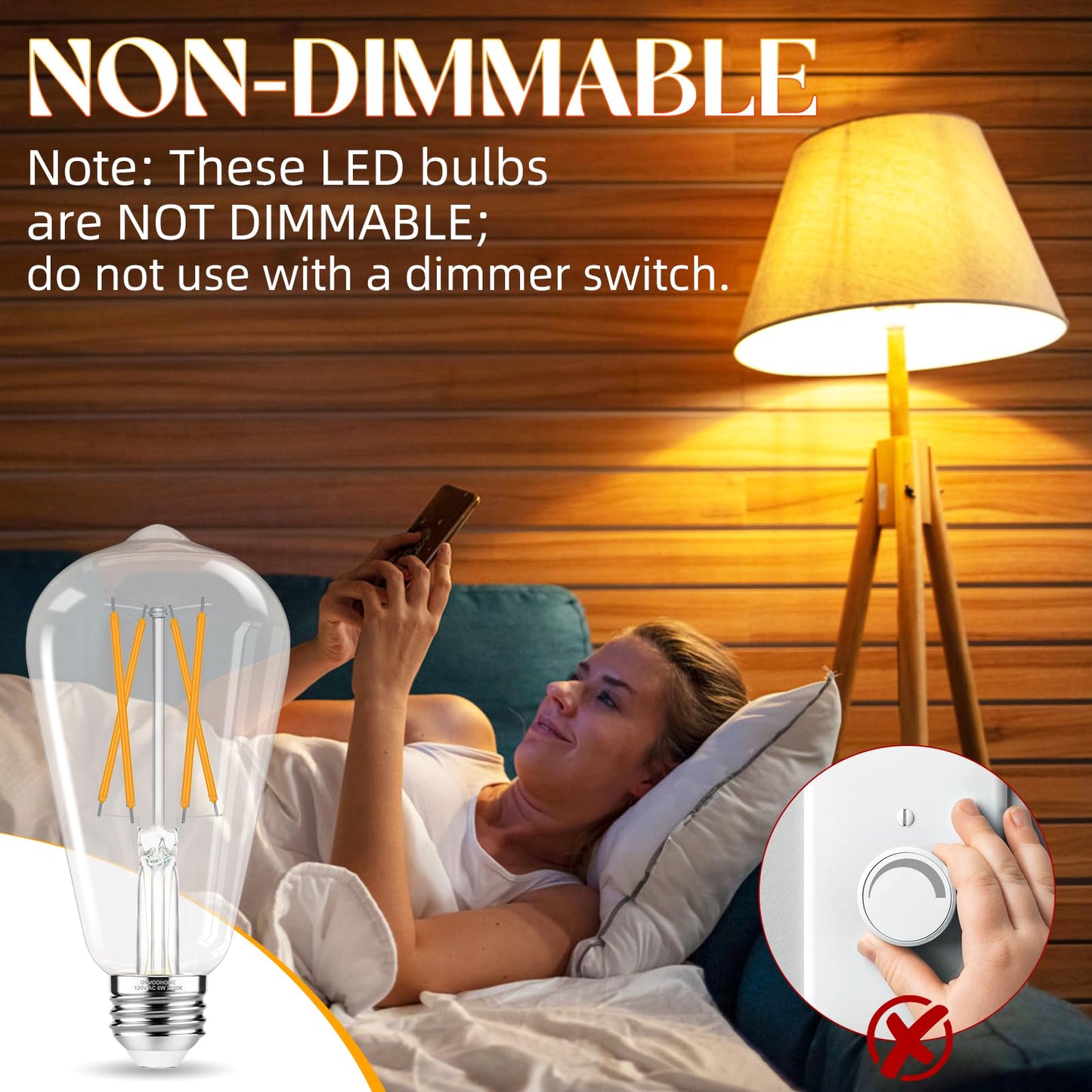 GvvooHome LED Edison Bulbs, E26 Bulb 60 watt Equivalent, Non-Dimmable, Soft White 2700K, ST58 Vintage Light Bulbs, 90+ CRI, 6W 600LM, E26 Medium Base, Clear Glass, 6 Pack